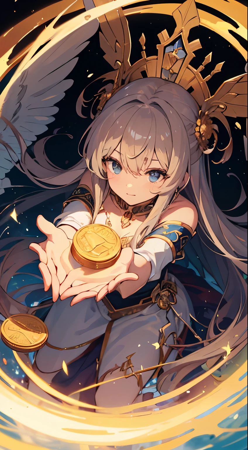 a goddess descends from the sky seeing a glowing coin, 4k, anime, illustration