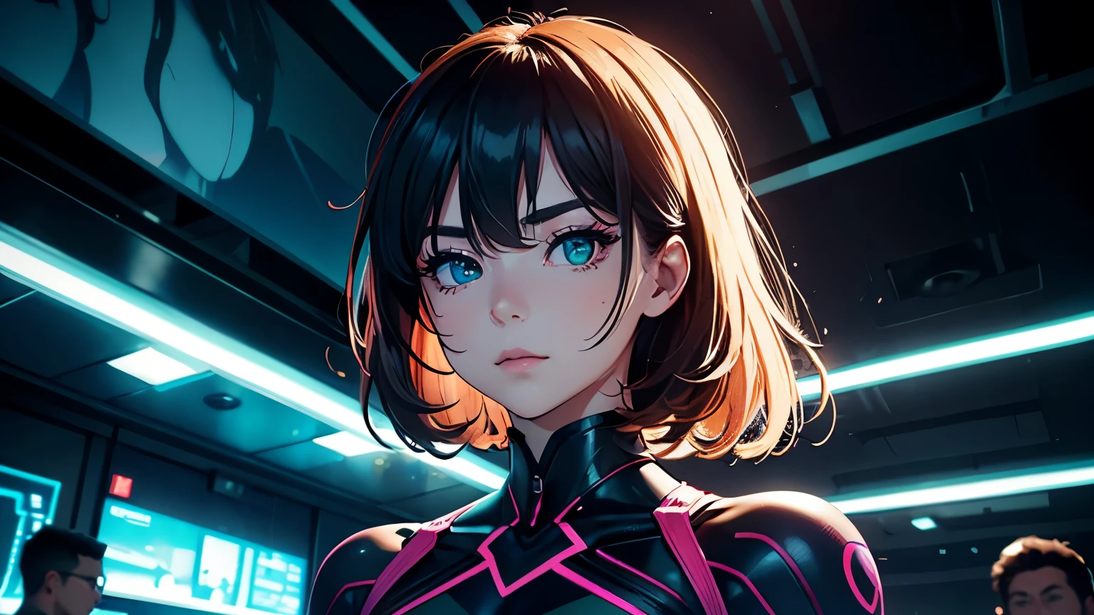 wide shot, 4K, A high resolution, Best quality at best, tmasterpiece, perfect colors, perfect shadow, perfect litthing, ((sportrait)), fit-muscled body, bright green eyes，With round lenses, The audience watched carefully, (s face: 1.2), Perfect female figure,）， ((synthwave suit)), ((looking at viewert)), (Perfect thick white eyebrows) Delicate fur, 详细s face, s the perfect face, At a  in an underground dance club , (Drink a glass of wine while standing), Comfortable background, perfect  decoration, lighting atmosphere, ((Bonifasko lighting)), (The round lenses on his eyes)(詳細な目), Perfect student