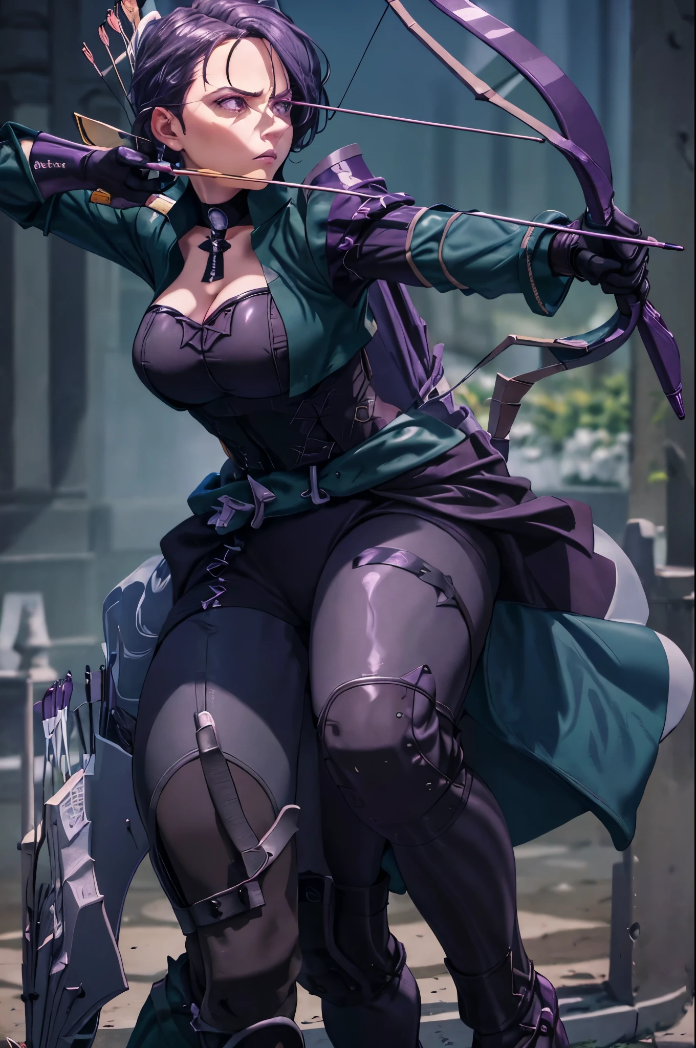 masterpiece, best quality, defShamir, collar, shoulder pad, black shirt, black gloves, bodice, green jacket, green belt, black pants, green boots, whole body, black background, simple background, FEH, standing, furrowed brow, serious, BowAiming, bow \(weapon\), aiming, masterpiece, best quality, warBernie, purple dress, cleavage, hair bow, yellow gloves, purple boots, standing, furrowed brow, serious, BowAiming, bow \(weapon\), aiming, shooting arrow with a longbow