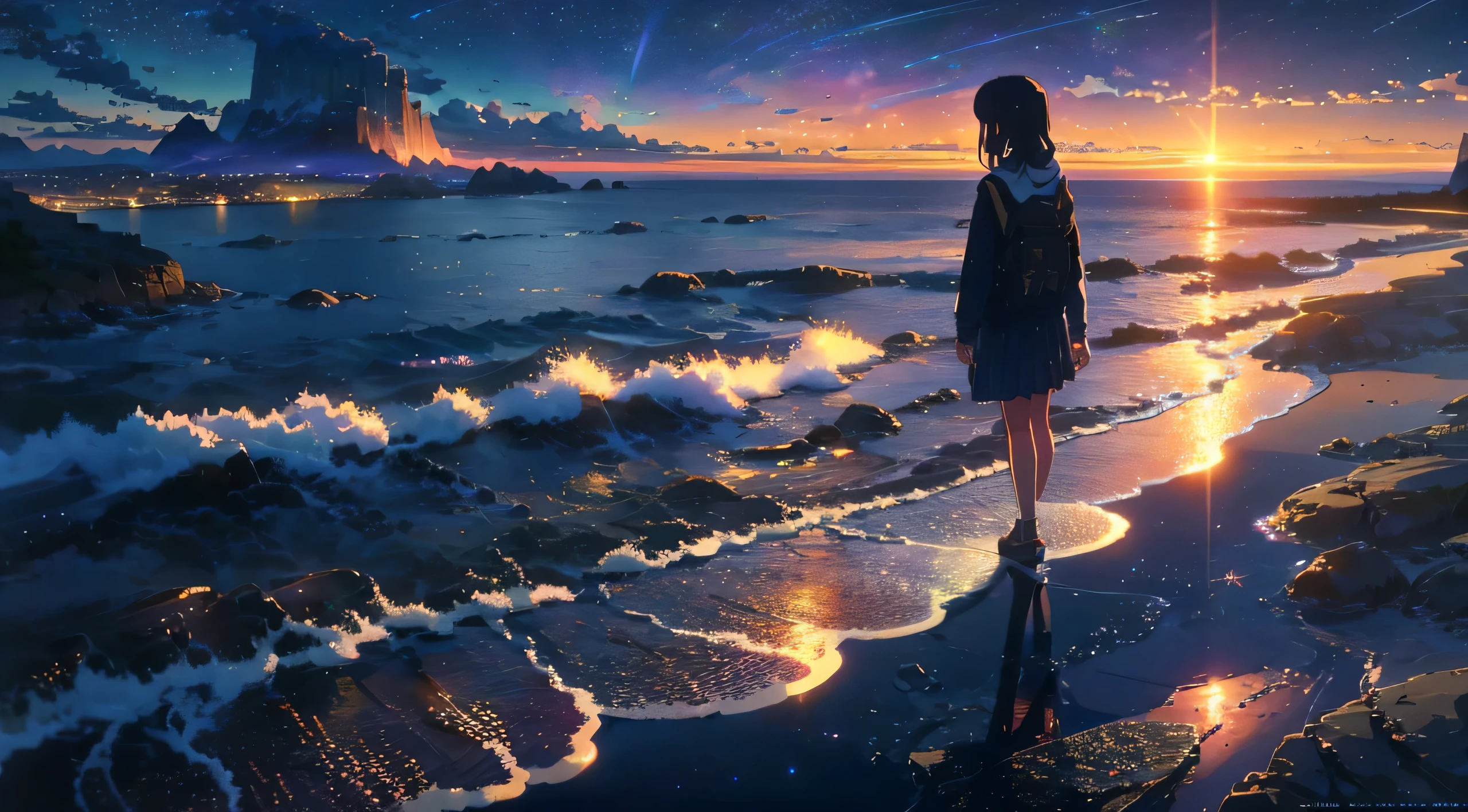 anime scenery of a beach with a star filled sky, cosmic skies. by makoto shinkai, ethereal starlit city at sunset, cloudy, anime sky, star(sky) starry_sky, anime beautiful peace scene, anime background art, beautiful anime scene, a beautiful artwork illustration, style of makoto shinkai, endless cosmos in the background, a girl looking at the sea, a girl with long hair, wearing a skirt, masterpiece, very detail, masterpiece,best quality,ultra-detailed,high resolution,extremely detailed,solo,fantasy