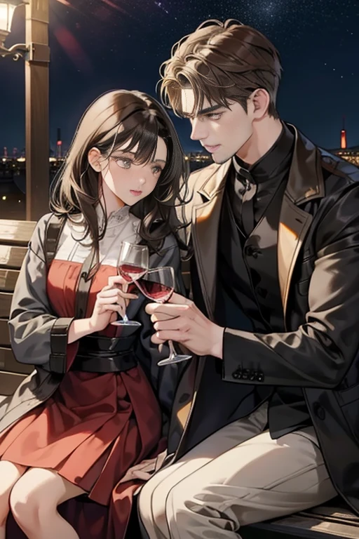 Couple, 1 girl 1 boy, different hair color, long black hair bang and grey eyes, medium brown hair and amber eyes, with slight beard, romance, face to face, outdoor, in the night, glowing effect, sitting on a bench, girl holding a wine glass and boy holds a wine bottle