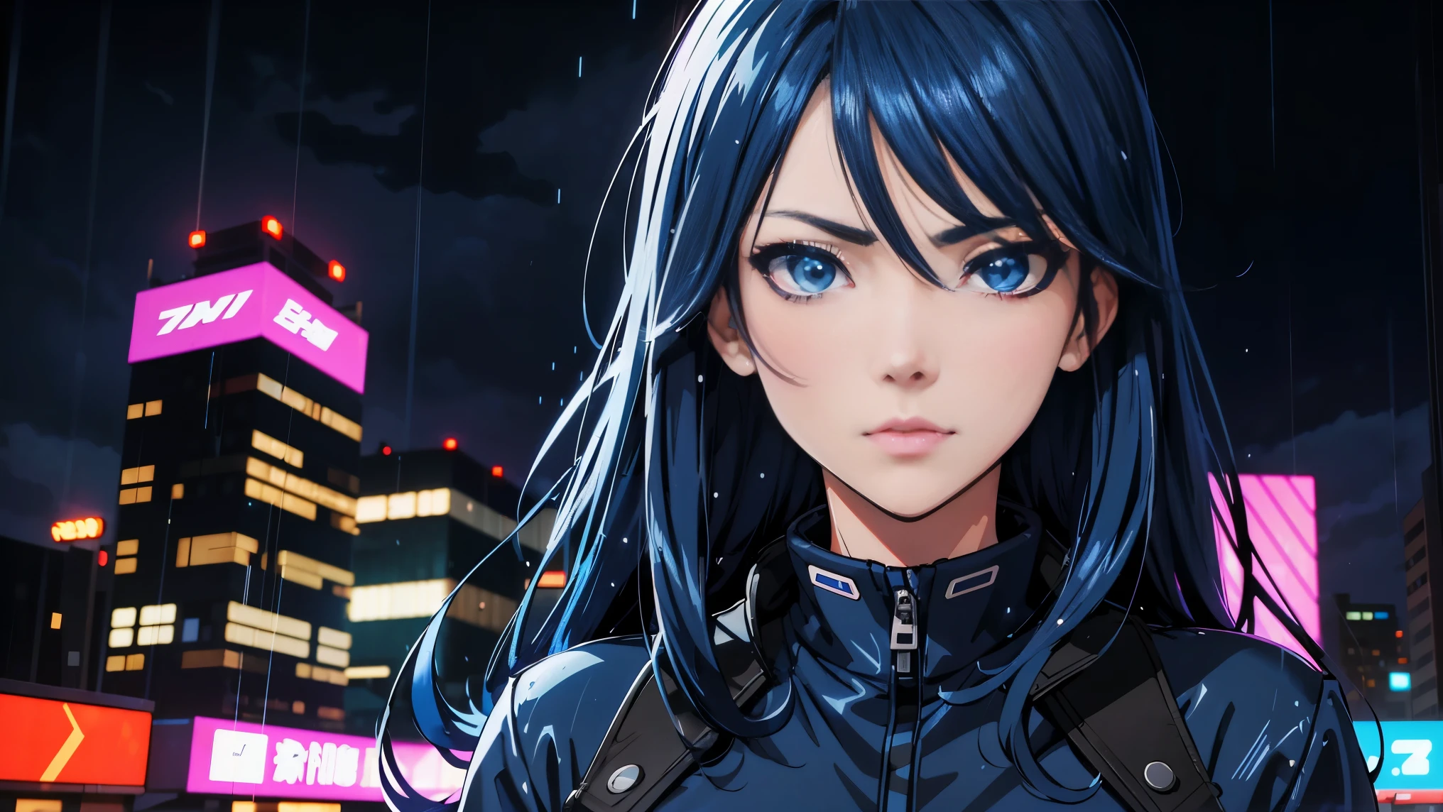 cool synthwave anime girl , dark blue hair , blue eyes , rainy time , in the city , whole body shot, big brest, face close up