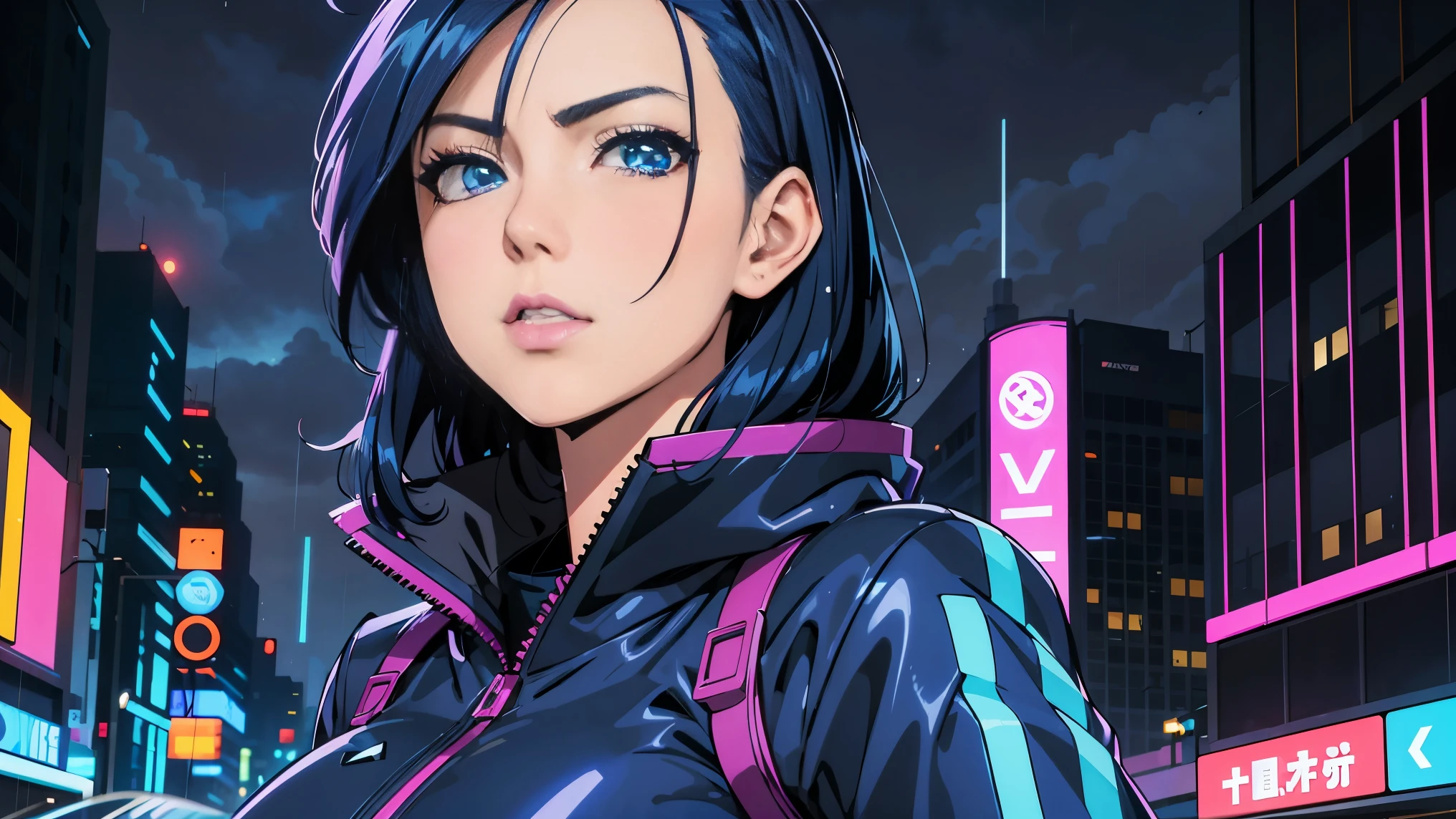 cool synthwave anime girl , dark blue hair , blue eyes , rainy time , in the city , whole body shot, big brest, face close up