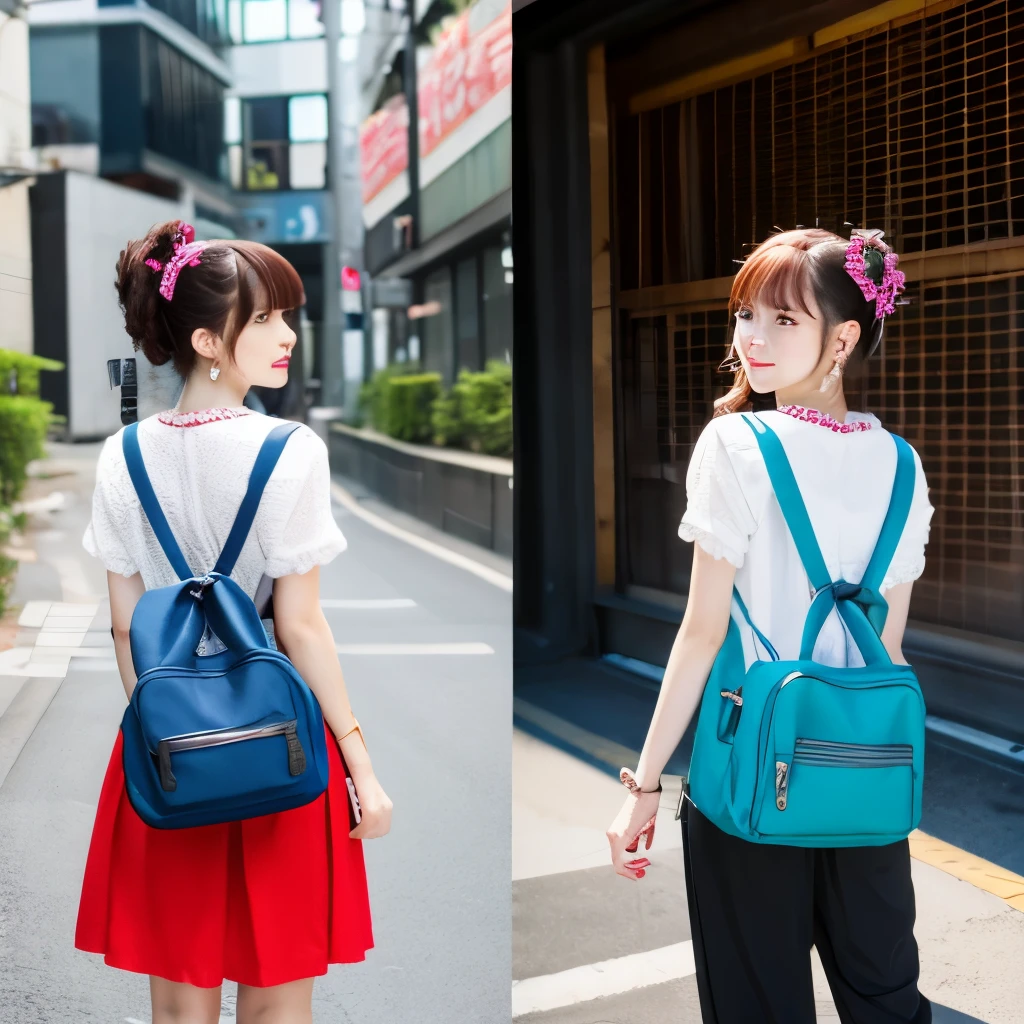 two girls back to back One is a machine and the other is a human、anime style、The mechanical girl is wearing Japanese clothes.、human girl wears sister outfit