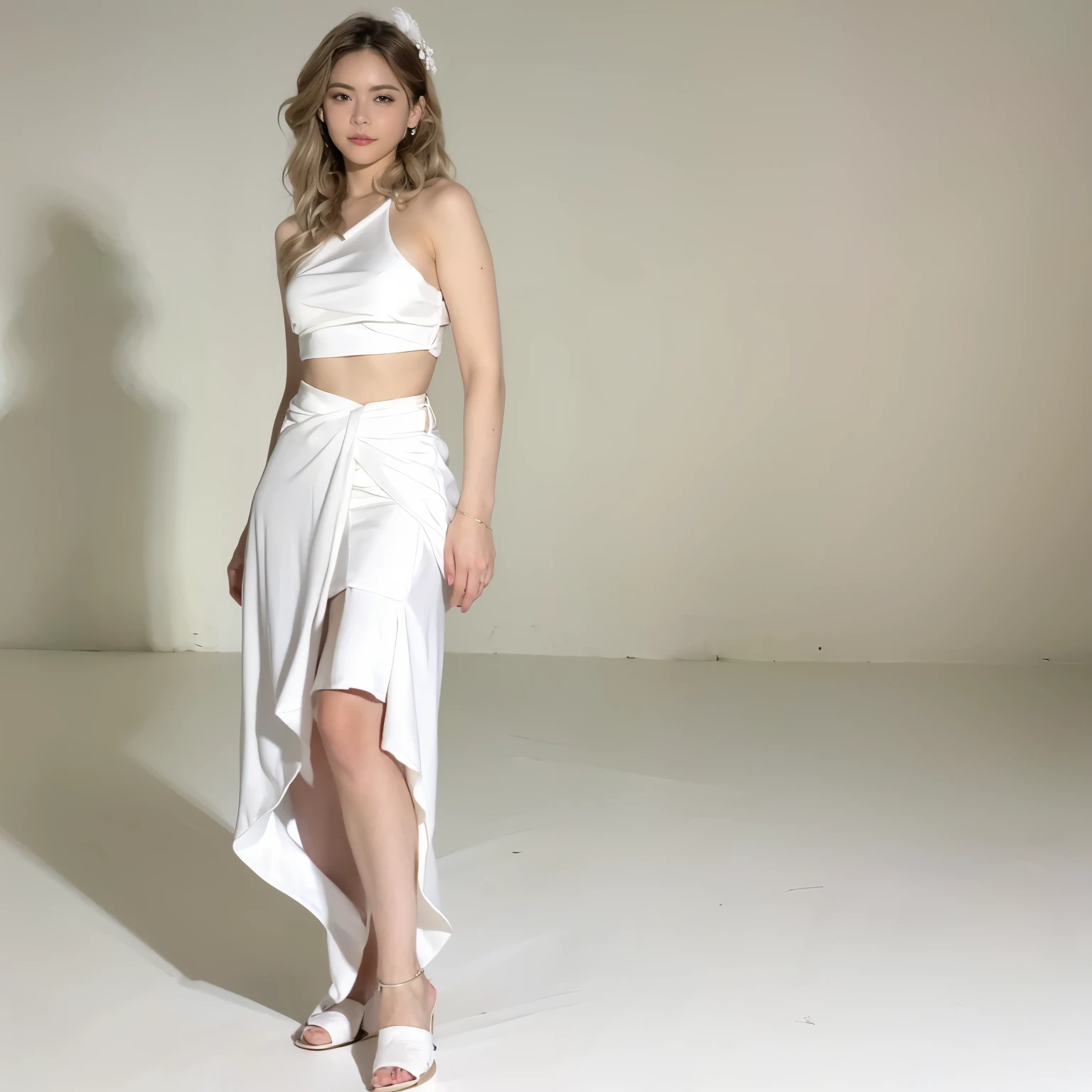 arafed woman in a white dress posing for a picture, white sarong, white skirt and barechest, white skirt, elegant asymmetrical, wearing white skirt, full length view, wearing toga, white clothing, white polygonal dress, sleek white, all white, white outfit, wearing a toga, full body wide shot, white clothes