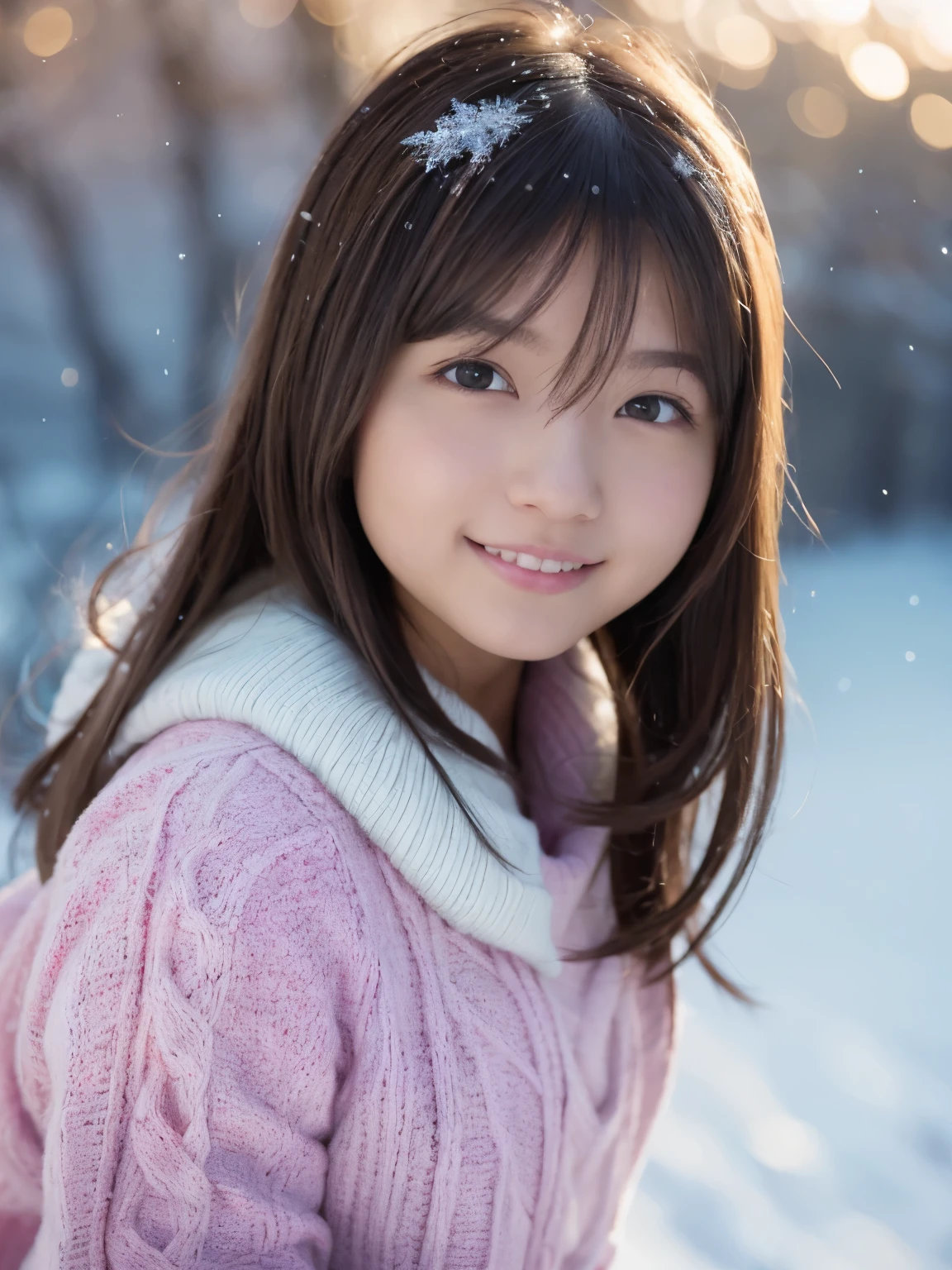 with a 17 year old girl, snow scene, winter wonderland, cute and innocent look, rosy cheeks, sparkling eyes, warm winter clothes, Pose with movement、footsteps in the snow, falling snowflakes, Frosty tree, snow ground, soft snow texture, gentle and delicate lighting, pastel color palette, dreamy atmosphere, quirky and magical, High resolution masterpiece:1.2, super detailed, realistic:1.37, Bright colors, Bokeh、innocent smile、hair blowing in the wind、close up of face、Rear view、With a smile、sexy pose
