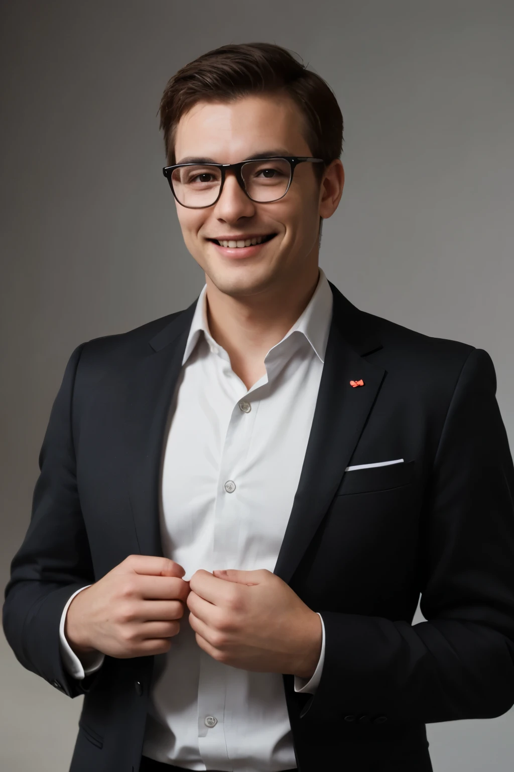 homem elegante, wearing an impeccable dark suit, segurando um microfone com destreza, adorned with modern glasses. The warm smile is captured in a realistic image, highlighting sharp details and a high definition resolution. A foto, em qualidade 4K e formato RAW, Displays confidence through a positive pose and captivating expression. O fundo, with its elegance, is slightly blurred to highlight the presenter, complemented by carefully adjusted lighting.