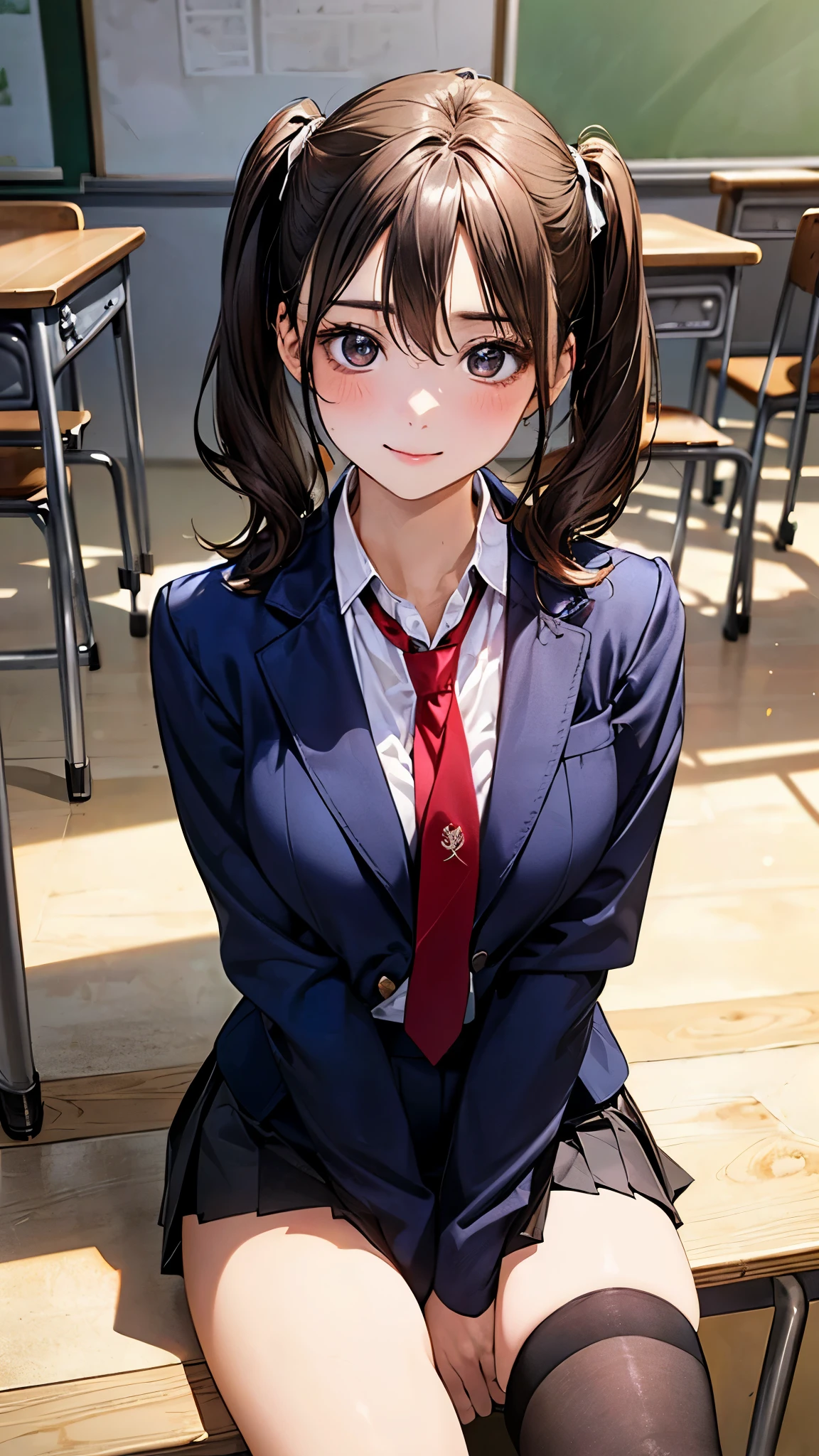 (masterpiece:1.2, top-quality), (realistic, photorealistic:1.4), beautiful illustration, (natural side lighting, movie lighting), nsfw,
looking at viewer, cowboy shot, front view:0.6, 1 girl, japanese, high school girl, perfect face, cute and symmetrical face, shiny skin,
(short hair:1.5, twintails:1.5, dark brown hair), hair between eyes, black eyes, long eye lasher, (large :0.6, thick thighs),
beautiful hair, beautiful face, beautiful detailed eyes, beautiful clavicle, beautiful body, beautiful chest, beautiful thigh, beautiful legs, beautiful fingers,
(((navy jacket), white collared shirts, grey pleated mini skirt, black socks, black loafers, red tie)),
(beautiful scenery), evening, classroom, sitting chair, hand between legs, hands on chest, (cheerful, head tilt),