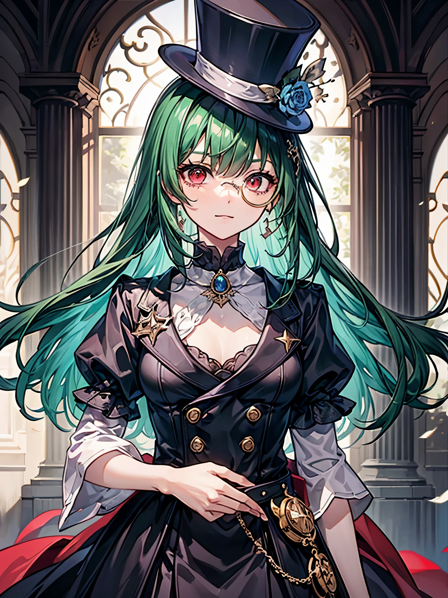 （（（masterpiece、Highest image quality、highest quality、highly detailed unity 8ｋwallpaper）））、（（Illustration of one girl、upper body））、（（（beautiful girl）））、（librarian）、（Emerald green hair、sidelocks：1.2、red eyes、crazy smile）、（（（flat chest）））、monocle、pocket watch、（（（Black top hat、tuxedo）））、grand library