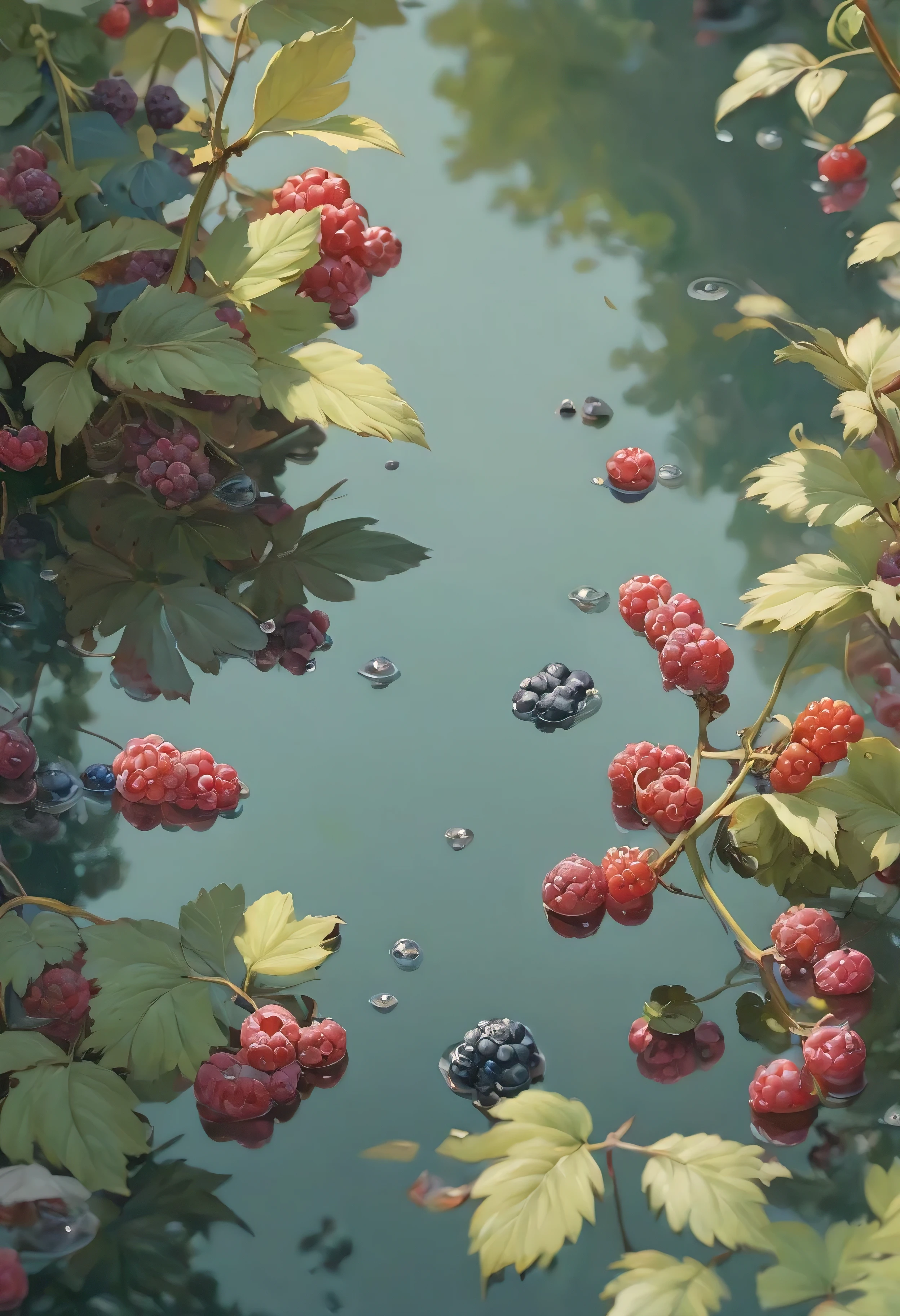 ((soft_color_painting:)1.5), ((soft_color_tones):1.4), ((crystal clear water reflection background):1.3), ((soft color berries):1.4)),((bird eye view of a berry garden):1.2),((Movie-like still images and dynamic angles):1.3), ((cool and beautiful shadow silhouette):1.1), Gouache with intricate details, Add a touch of realism to this visually detailed and stylistically diverse masterpiece, Detailed brushstrokes have been enhanced, Careful brushwork creates an atmosphere, Utilize delicate yet powerful brushstroke techniques, Create an enchanting atmosphere. highly detailed gouache, ((Unparalleled sharpness and clarity):1.1), ((Radiosity rendered in stunning 32K resolution):1.3), All captured with sharp focus.