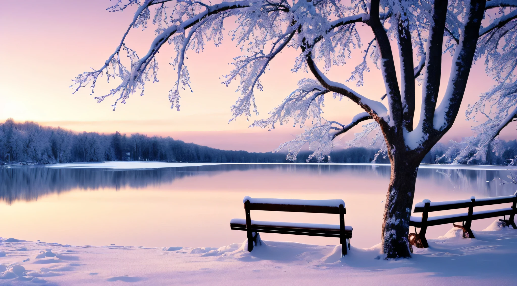 snowy scene of a bench and a tree by a lake, beautiful winter area, winter setting, beautiful wallpaper, warm beautiful scene, beautiful snowy landscape, cold but beautiful, beatiful backgrounds, hd wallpaper, winter atmosphere, very beautiful photo, snowy winter, desktop background, dreamy scene, pink tree beside a large lake, winter snow, high quality desktop wallpaper, wallpaper background