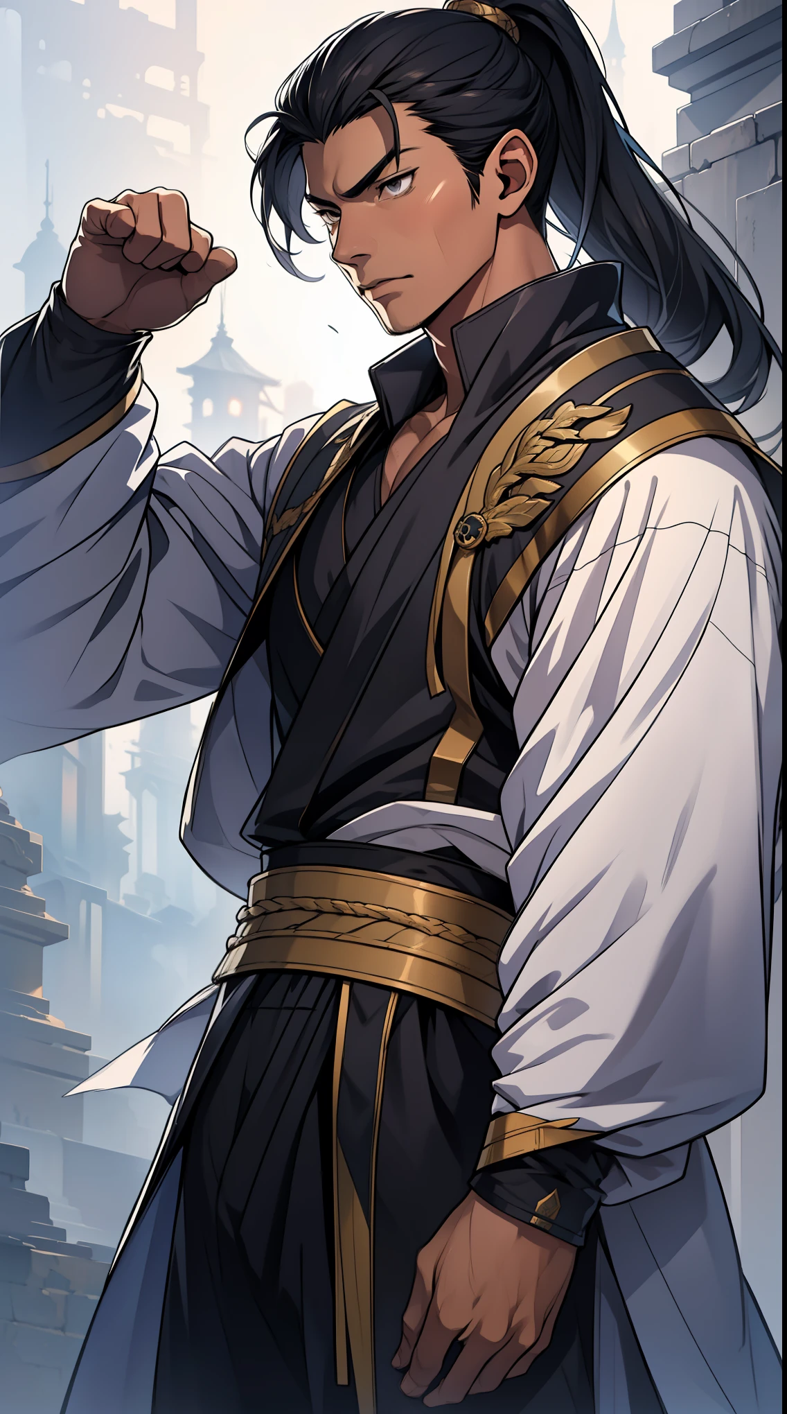Two dimensions,anime style,one person(Male Warrior),proportions are correct,facial details,swordsman,high ponytail hairstyle,neck detail,Have an Adam's apple,Black period costume,joke,black toga,clothing details,long sleeves,Game quality,Ray tracing,Ray tracing,Detailed glow,CG rendering,hair details,long white hair,black eyes,Handsome,Handsome,(Youthful feeling),The costume is very simple,Perfect composition,refine,high quality,higher details,many details,Complex background,a sense of atmosphere,