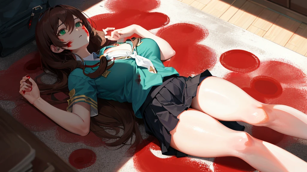 (lie on the ground on your back:1.2), (being dragged:1.2), Lisa, genshin impact, 1 girl, alone, ((school uniform)), barefoot, big breasts, cleavage, uniform, ((Killed)), ((From above)), (whole body:1.2), (cinematic lighting), (put one's body on the ground), ((Sea of Blood)), ((Bloody ground)), dutch angle, ((blood overflows from the body)), ((blood on their clothes)), ((rape face)), ((Open your eyes)), (((horror))), office background, black skirt, pleated skirt, office, hair between eyes, messy hair, big breasts, long hair, brown hair, red short nails, green eyes, alone, ((thin膝, thick thighs, long slender legs)), stretch your legs, very long hair, ((masterpiece)), classroom, board, class board, thin, Beautiful woman