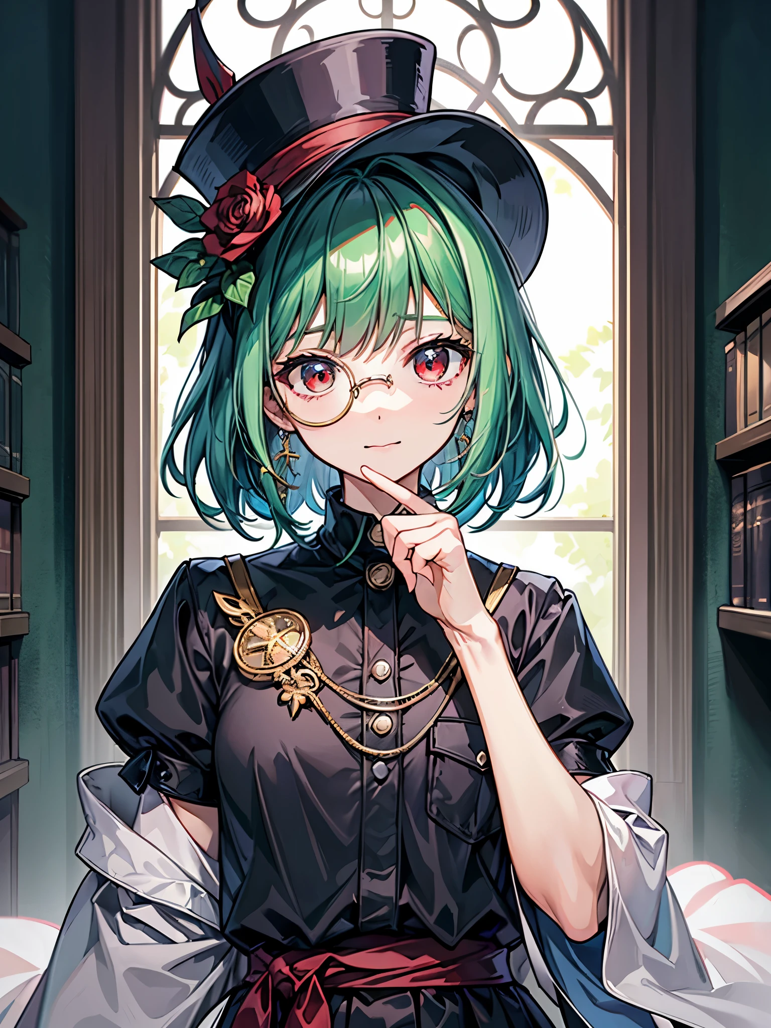 （（（masterpiece、Highest image quality、highest quality、highly detailed unity 8ｋwallpaper）））、（（Illustration of one girl、upper body））、（（（beautiful girl）））、（librarian）、（Emerald green hair、sidelocks：1.2、red eyes、crazy smile）、（（（flat chest）））、（monocle）、pocket watch、（（（Black top hat、tuxedo）））、great medieval library