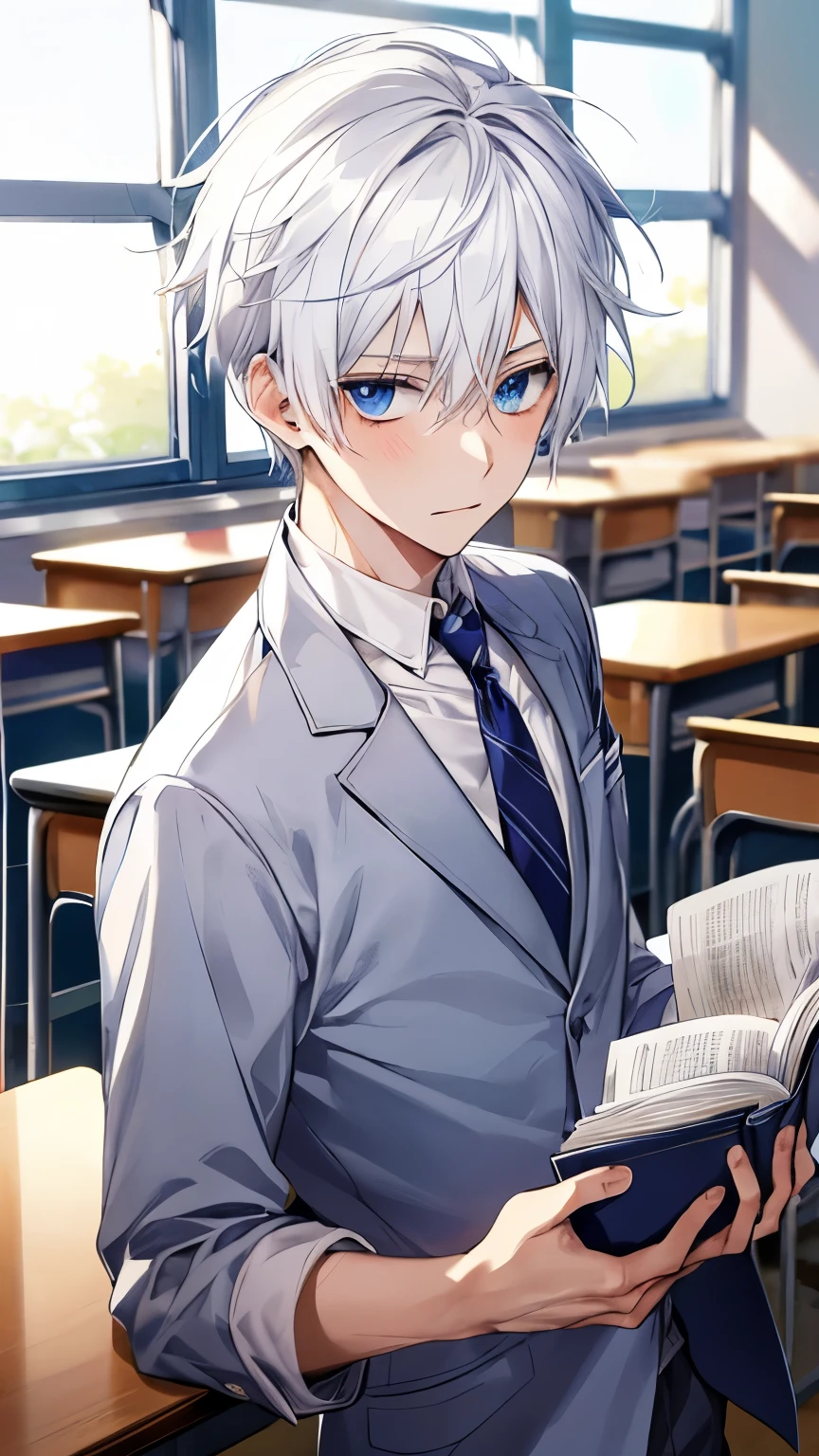 White hair, male, student, blue eyes, school uniform, classroom, book