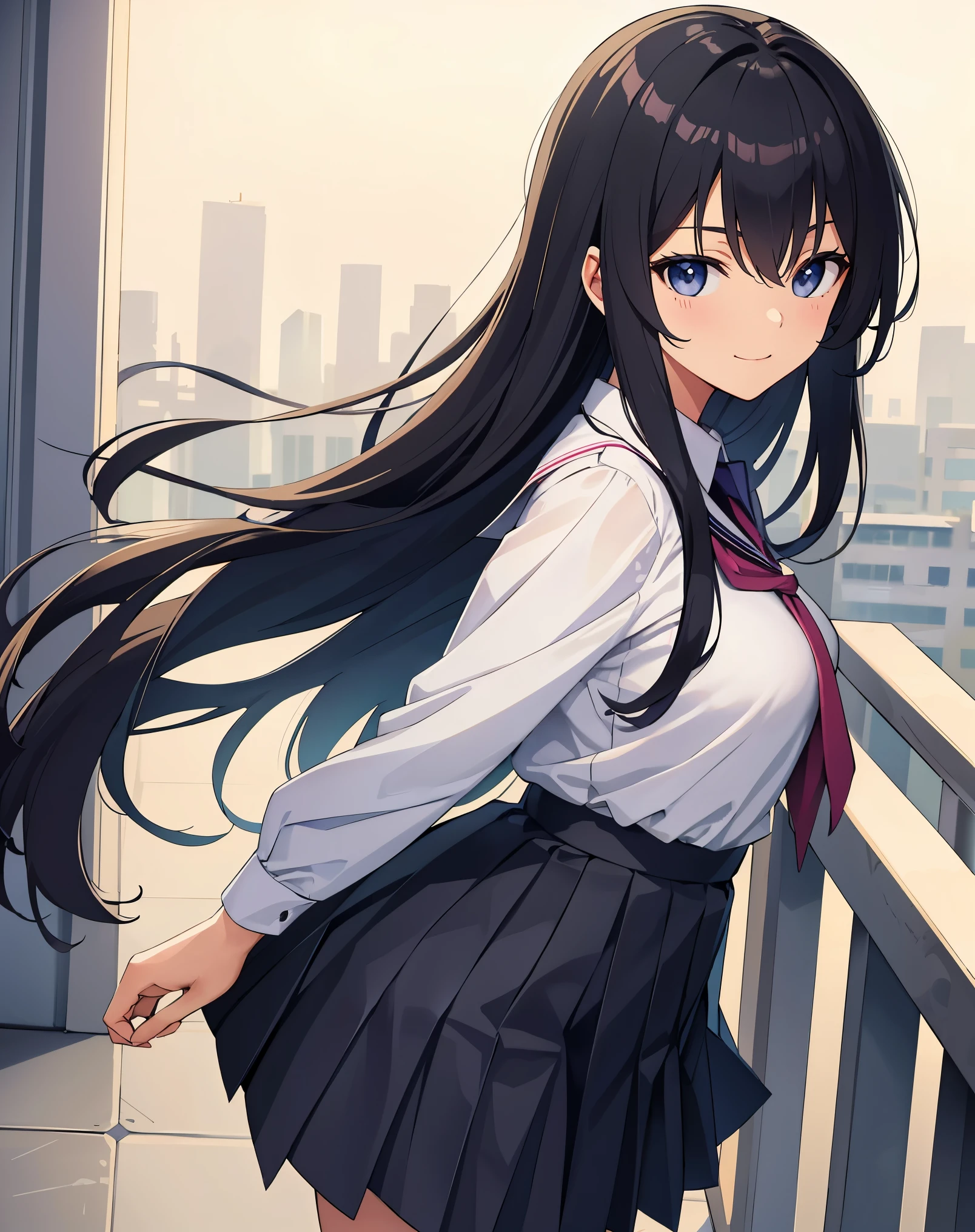 masterpiece:1.2, best quality, ((ultra detailed)), high resolution, 2d, anime style , photo, photography, detailed background, ((long hair,black hair,medium breasts)) BREAK cowboy shot,school uniform,pleated skirt,pigeon toed,light smile, BREAK pastel colors:1.4, solid paint:1.2, saturated color, contour,classroom,school,