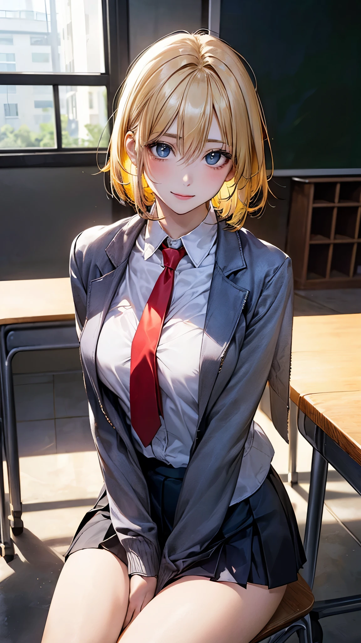 (masterpiece:1.2, top-quality), (realistic, photorealistic:1.4), beautiful illustration, (natural side lighting, movie lighting), nsfw,
looking at viewer, cowboy shot, front view:0.6, 1 girl, japanese, high school girl, perfect face, cute and symmetrical face, shiny skin,
(short hair:1.2, bob cut:1.2, yellow hair), hair between eyes, blue eyes, long eye lasher, (large breasts:0.8, thick thighs),
beautiful hair, beautiful face, beautiful detailed eyes, beautiful clavicle, beautiful body, beautiful chest, beautiful thigh, beautiful legs, beautiful fingers,
(((navy jacket), white collared shirts, grey pleated mini skirt, black socks, black loafers, red tie)),
(beautiful scenery), evening, classroom, sitting chair, hand between legs, hands on chest, (cheerful),