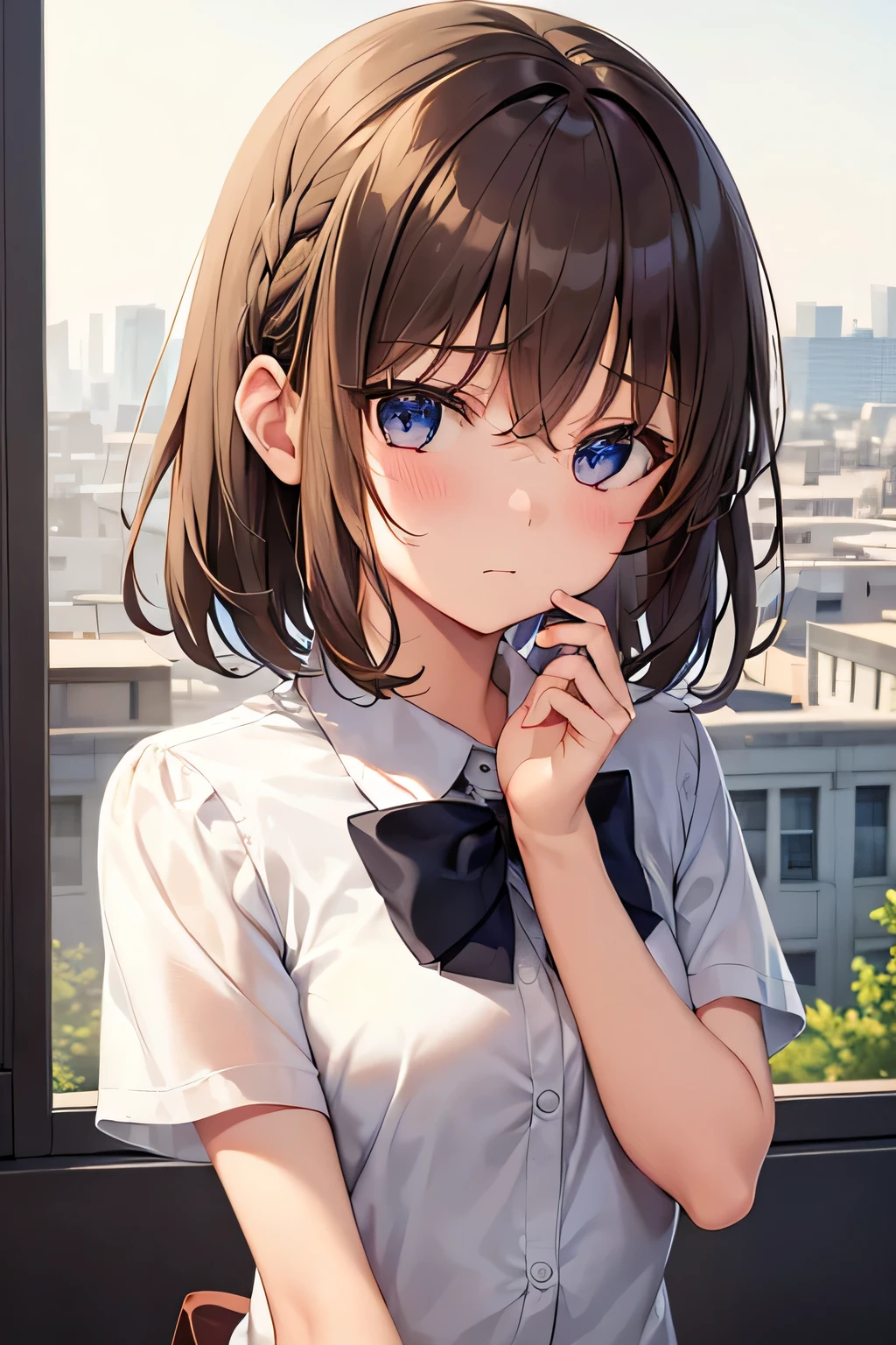 (very delicate and beautiful: 1.2), 1 girl, robber girl, bangs, cute eyes, bow, brown hair, closed mouth, Landscape, hair between eyes, hair bow, short sleeve, looking at the viewer, medium hair, alone, Upper body, school uniform: 1.3, ((alone)), (masterpiece), blonde