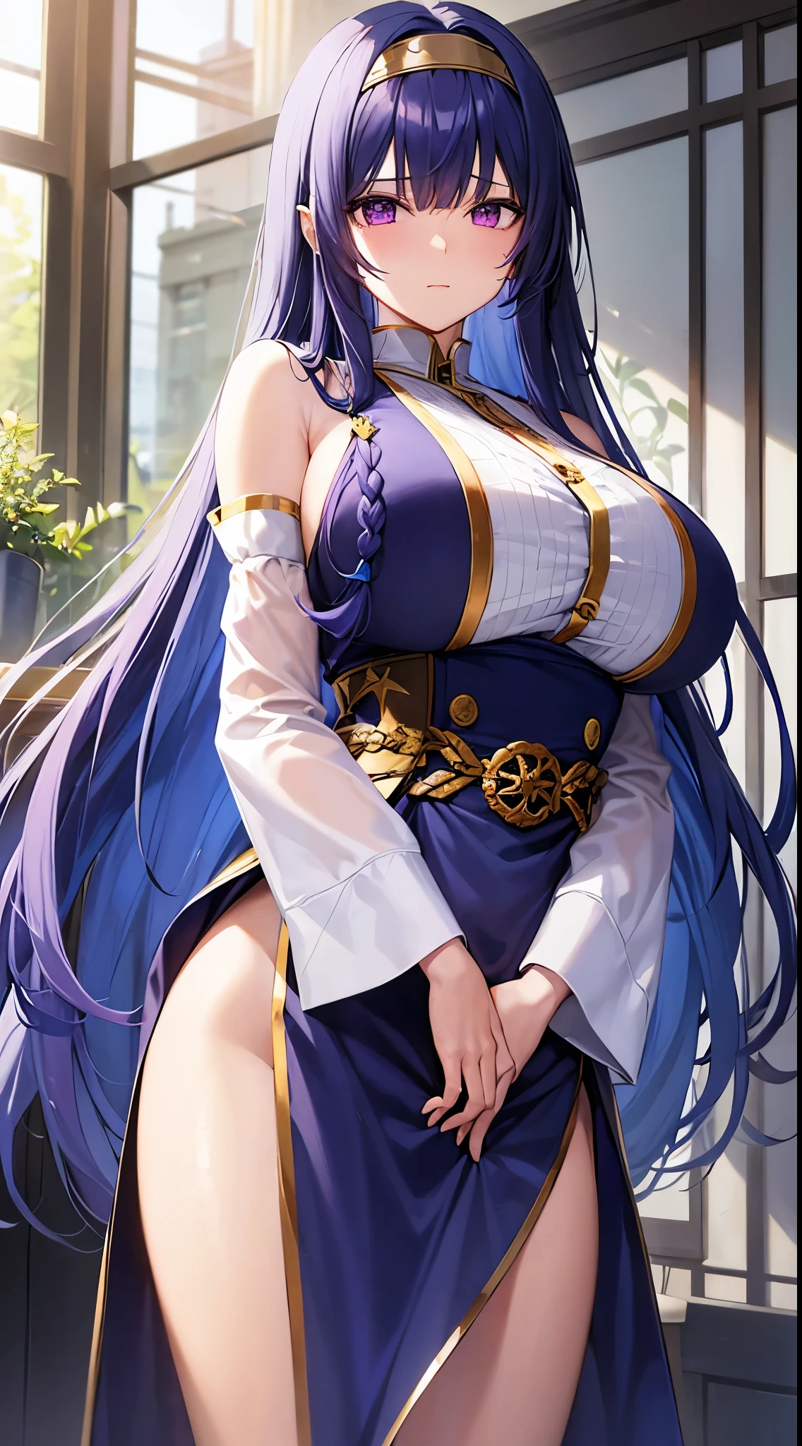 blue hair、long hair down to the waist、Braid in the middle of the back hair、Purple headband、Bangs are divided into seven parts、Golden Eyes、beautiful woman with big breasts、black school uniform、The nape and hem are white、