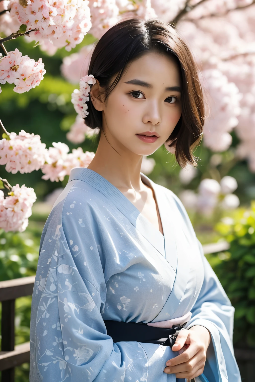 (Best Quality, Masterpiece: 1.2), Portrait, A Mixed-Race Woman, Wearing a Kimono, (Looks like [Japanese and Swede] face: 1.5), Takashi Homma Photography Style, Realistic Skin Tone, Detailed Skin Texture, Outdoors, Cherry Blossom Background.

This photograph is a masterpiece in the best quality, featuring a woman of mixed racial heritage. She is wearing a traditional Japanese kimono with intricate patterns, but her unique facial features hint at her Swedish heritage. The realistic representation of her skin tone and texture is captivating, making it a detailed and lifelike portray
