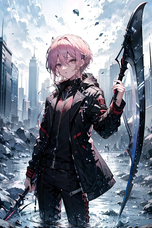 A pink haired handsome male reaper with violet eyes is posing with his scythe on a stormy night
