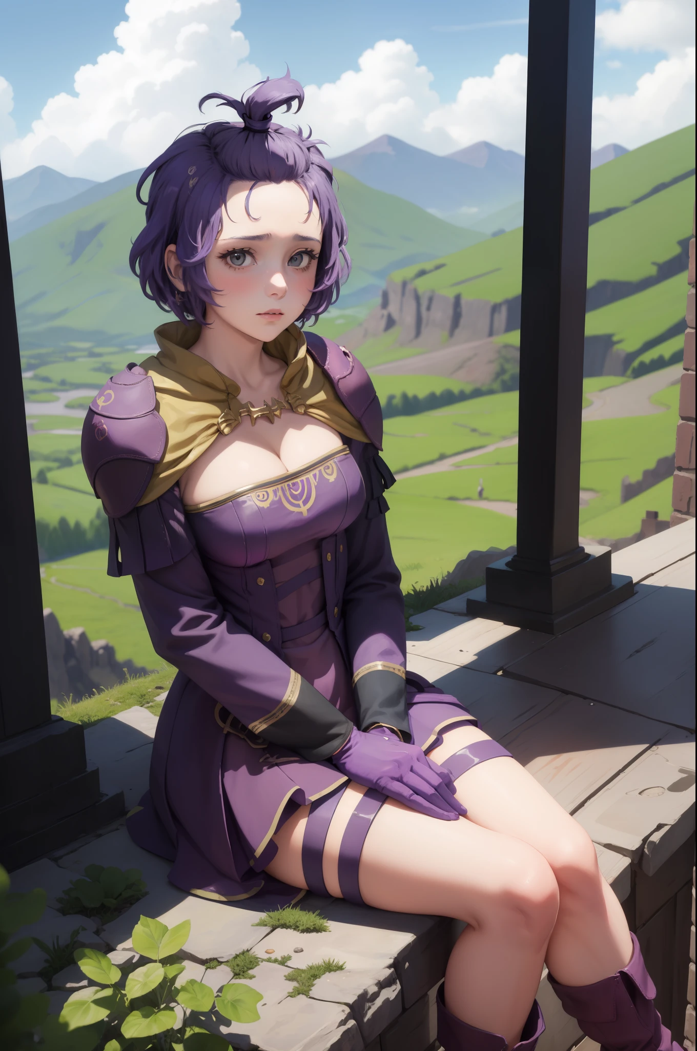 masterpiece, best quality, hopesBernie, topknot, purple dress, cleavage, gloves, purple boots, sitting, looking at viewer, worried, sky, clouds, mountain, hills 