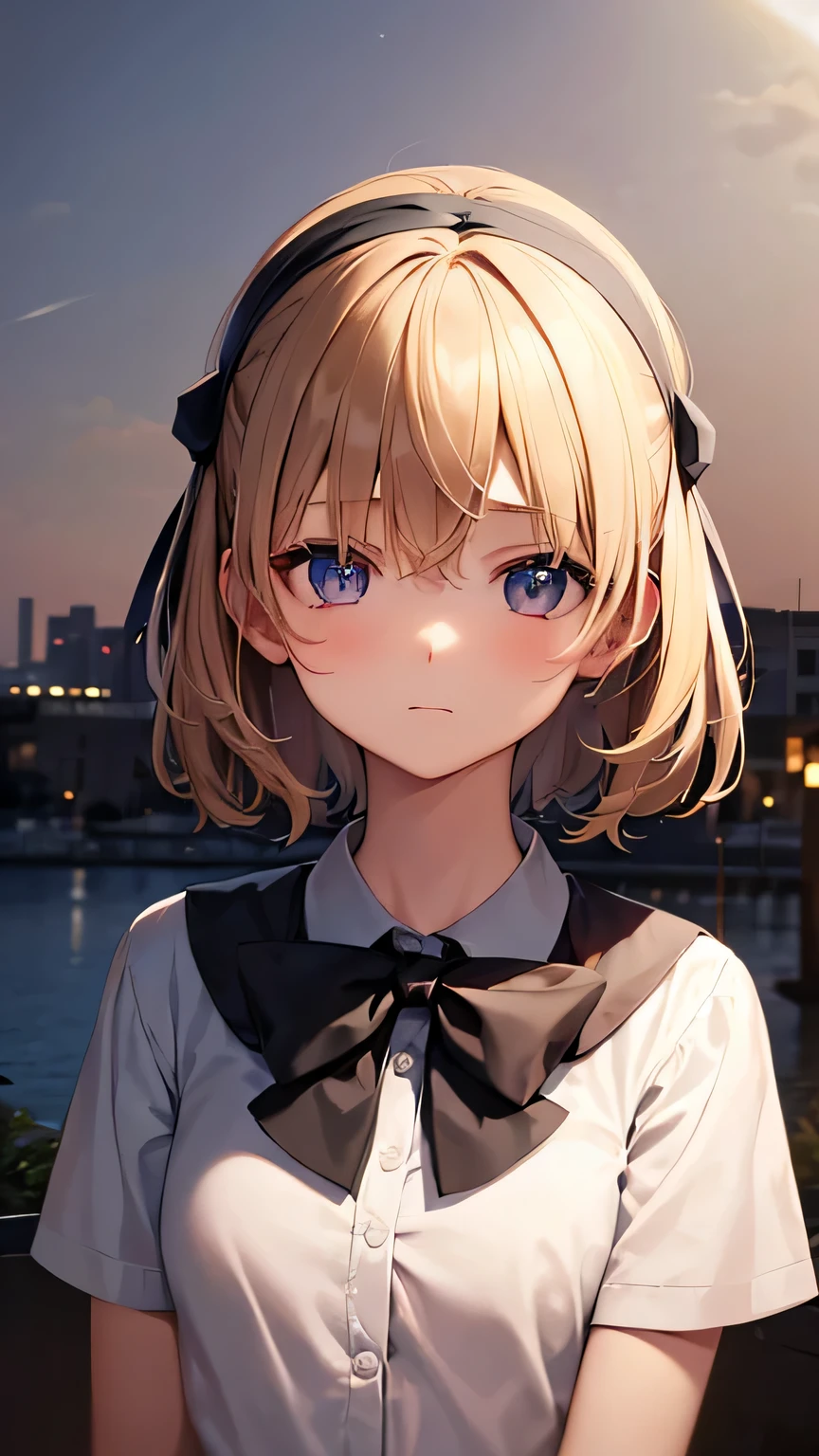 (very delicate and beautiful: 1.2), 1 girl, robber girl, bangs, cute eyes, bow, brown hair, closed mouth, Landscape, hair between eyes, hair bow, short sleeve, looking at the viewer, medium hair, alone, Upper body, school uniform: 1.3, ((alone)), (masterpiece), blonde
