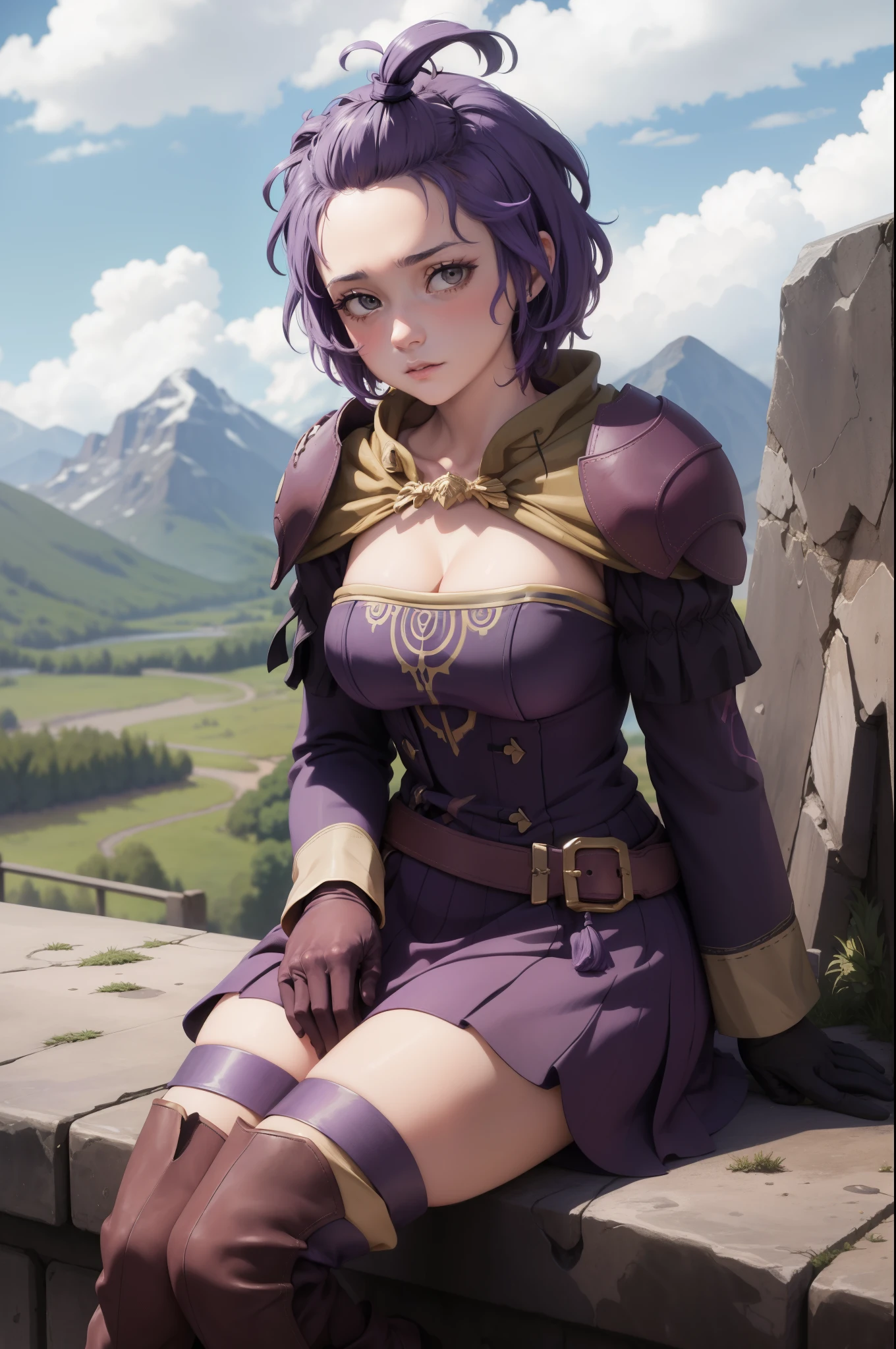 masterpiece, best quality, hopesBernie, topknot, purple dress, cleavage, gloves, purple boots, sitting, looking at viewer, worried, sky, clouds, mountain, hills 