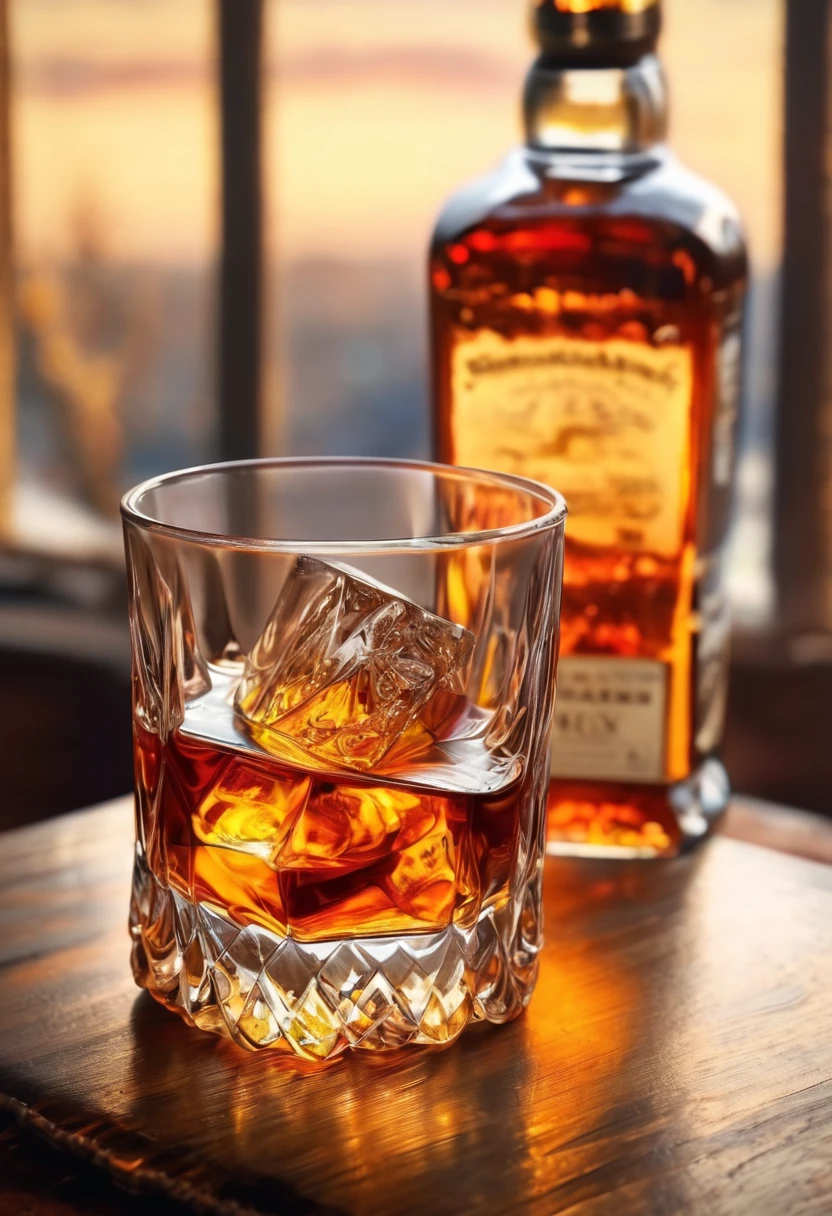 Whiskey bottle and glass on the table Portrait