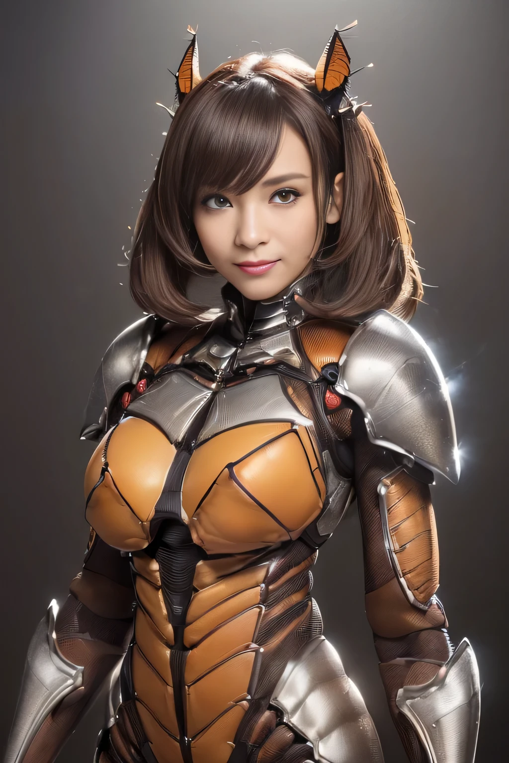 (High resolution,masterpiece,highest quality,Very detailed CG, anime, official art:1.4), realistic, photograph, amazing detail, all complicated, luster and luster,great many layers, 8k wallpaper, 3D, sketch, cute, figure,( alone:1.4), perfect female proportions,villain's daughter, (Fusion of dark brown cockroach and lady:1.4), (brown cockroach form lady:1.2), (brown cockroach woman:1.2), (Fusion:1.2), (alone:1.4), (evil smile:1.2), muscular, abs, (Cockroach brown exoskeleton bio insect suit:1.4), (Cockroach brown exoskeleton bio insect armor:1.2), (brown transparent cockroach feathers:1.4), (brown cockroach antenna:1.3),