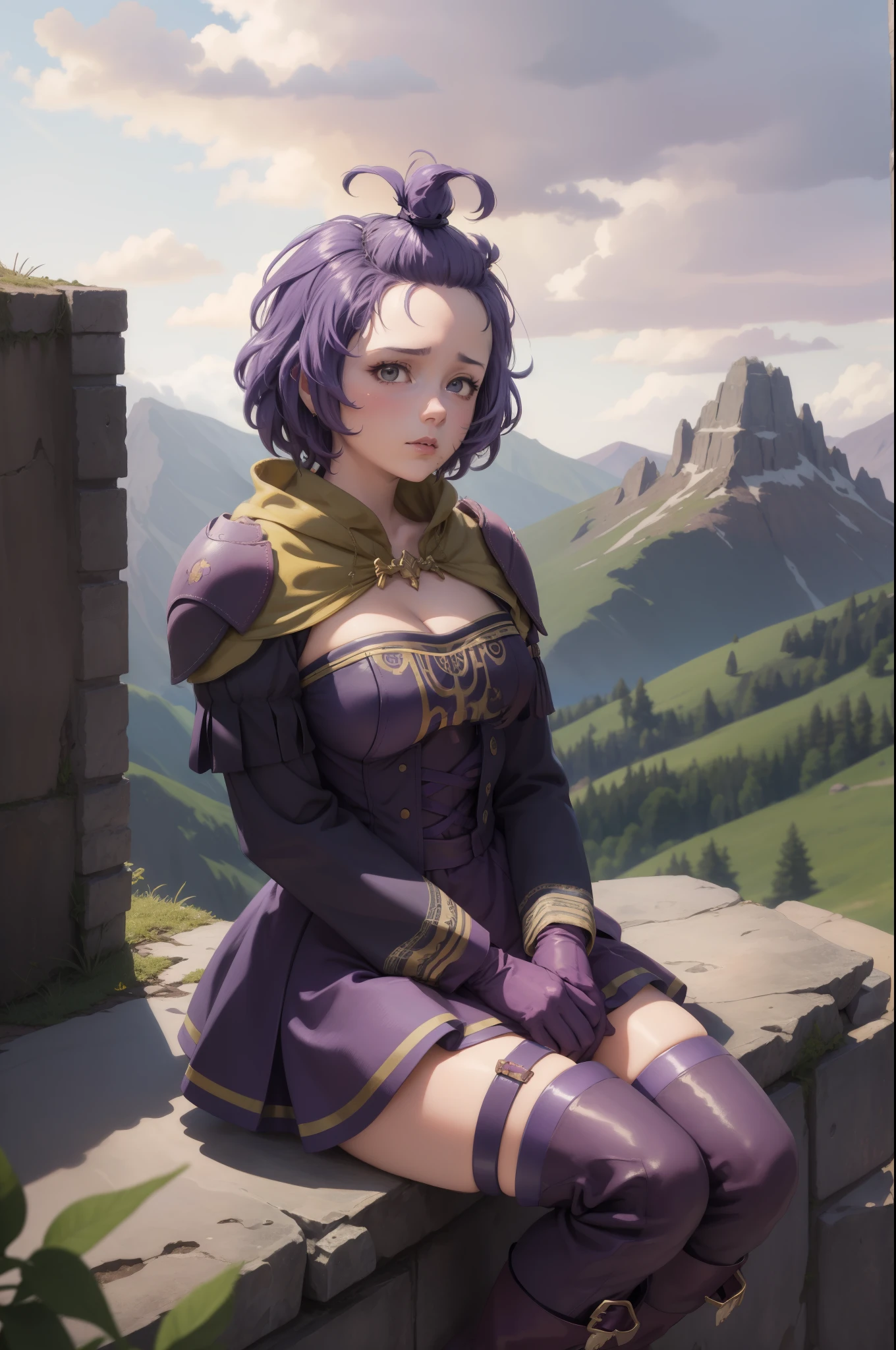 masterpiece, best quality, hopesBernie, topknot, purple dress, cleavage, gloves, purple boots, sitting, looking at viewer, worried, sky, clouds, mountain, hills 