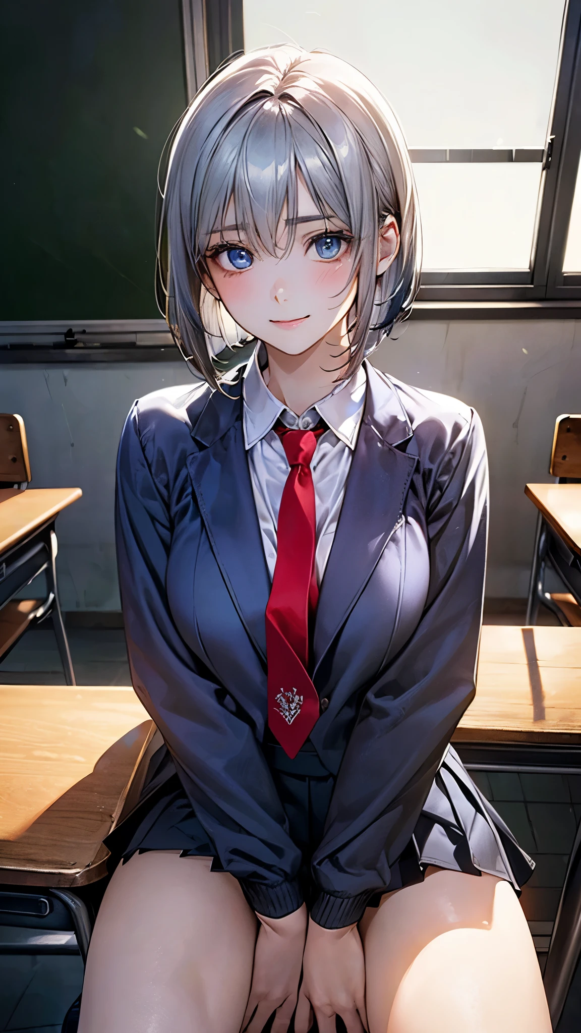 (masterpiece:1.2, top-quality), (realistic, photorealistic:1.4), beautiful illustration, (natural side lighting, movie lighting), nsfw,
looking at viewer, cowboy shot, front view:0.6, 1 girl, japanese, high school girl, perfect face, cute and symmetrical face, shiny skin,
(short hair:1.2, bob cut:1.2, silver hair), hair between eyes, blue eyes, long eye lasher, (large breasts:0.8, thick thighs),
beautiful hair, beautiful face, beautiful detailed eyes, beautiful clavicle, beautiful body, beautiful chest, beautiful thigh, beautiful legs, beautiful fingers,
(((navy jacket), white collared shirts, grey pleated mini skirt, black socks, black loafers, red tie)),
(beautiful scenery), evening, classroom, chair, sitting chair, hand between legs, hands on chest, (cheerful),