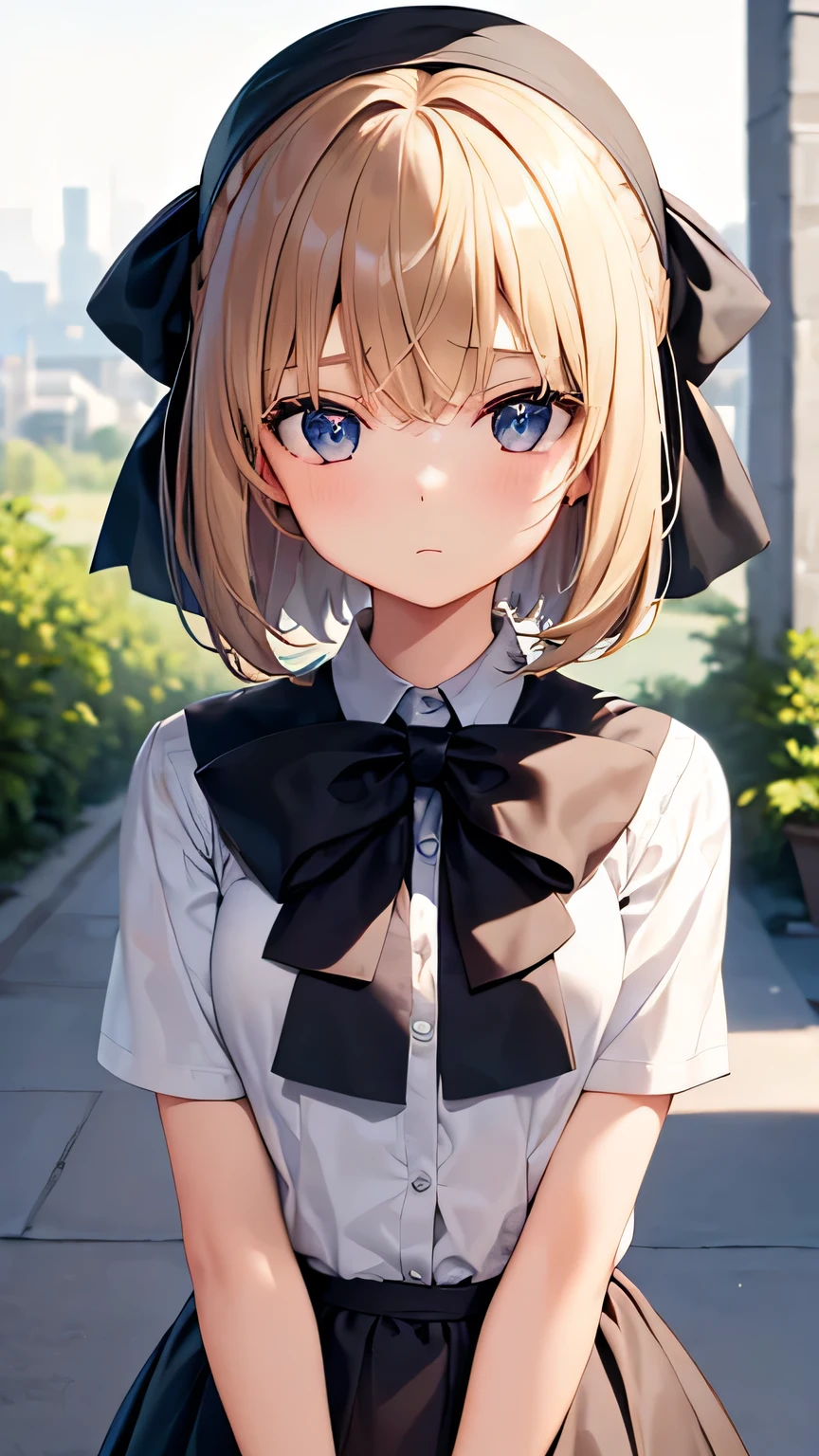 (very delicate and beautiful: 1.2), 1 girl, robber girl, bangs, cute eyes, bow, brown hair, closed mouth, Landscape, hair between eyes, hair bow, short sleeve, looking at the viewer, medium hair, alone, Upper body, school uniform: 1.3, ((alone)), (masterpiece), blonde