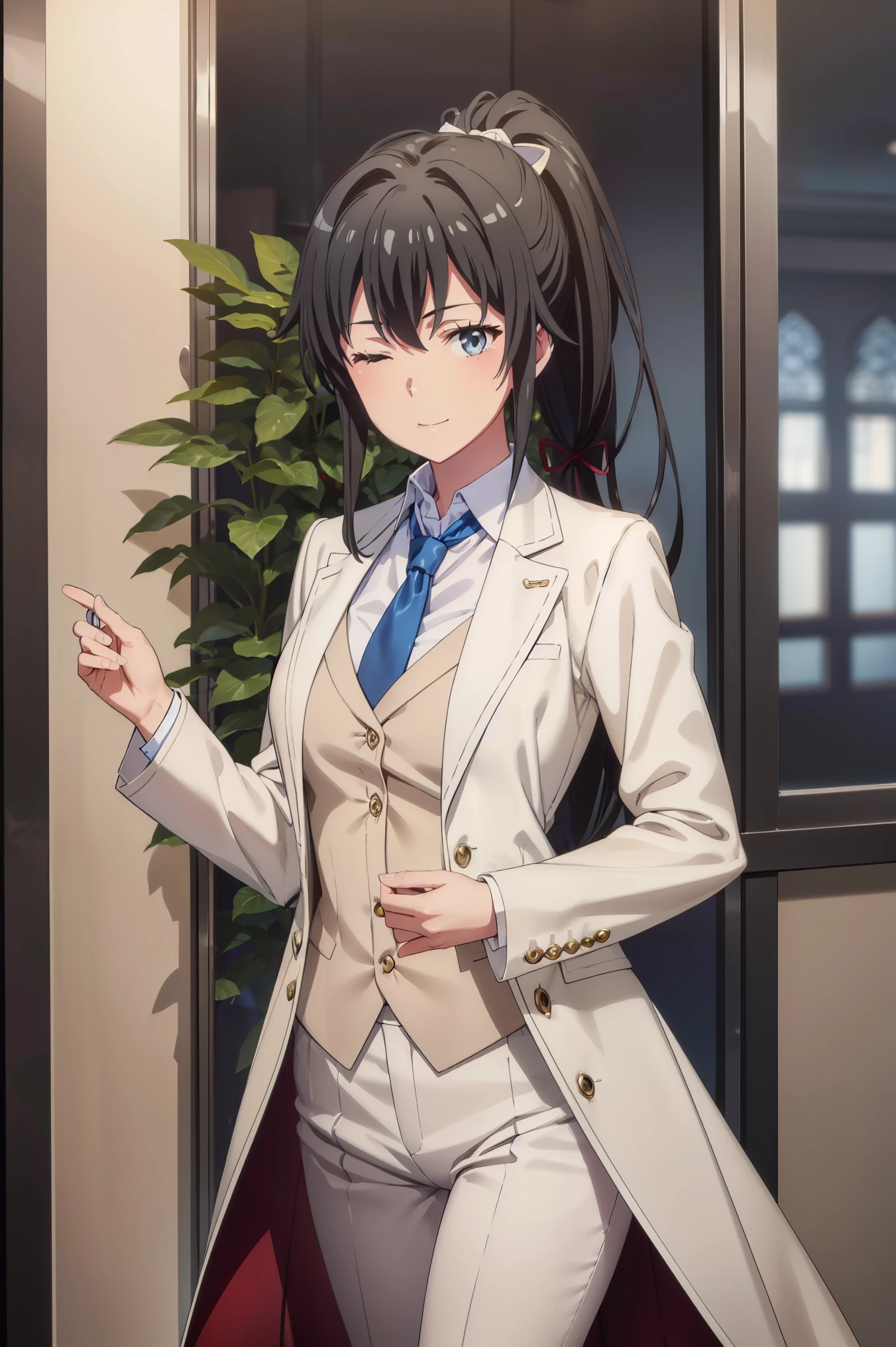 ((best quality)), ((masterpiece)), (detailed) 1girl 1girl, ;\), blurry, blurry_background, breasts, , hair_ponytail ribbon, looking_at_viewer, ok_sign, one_eye_closed, open_hand, Yukinoshita Yukino ,Woman wearing formal clothes, An attractive coat stands in a large gap in the room , 1girl, 独奏, blue necktie, Black hair, eyes blue, long hair, smile , collared shirt, white pants, white shirt , Elegantly designed coat , Stand in front of a window ,Perfectly tailored tailcoat. It has a stunning Victorian design and is made of lustrous fabric