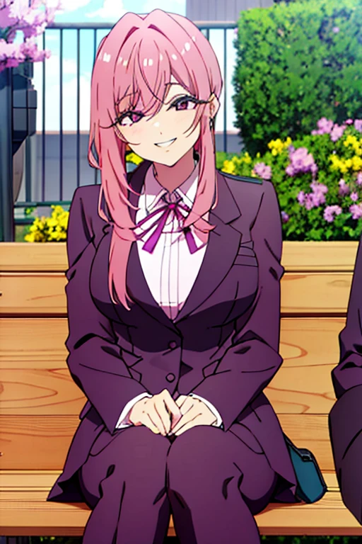 A pink haired handsome male reaper with violet eyes is smiling warmly on a park bench
