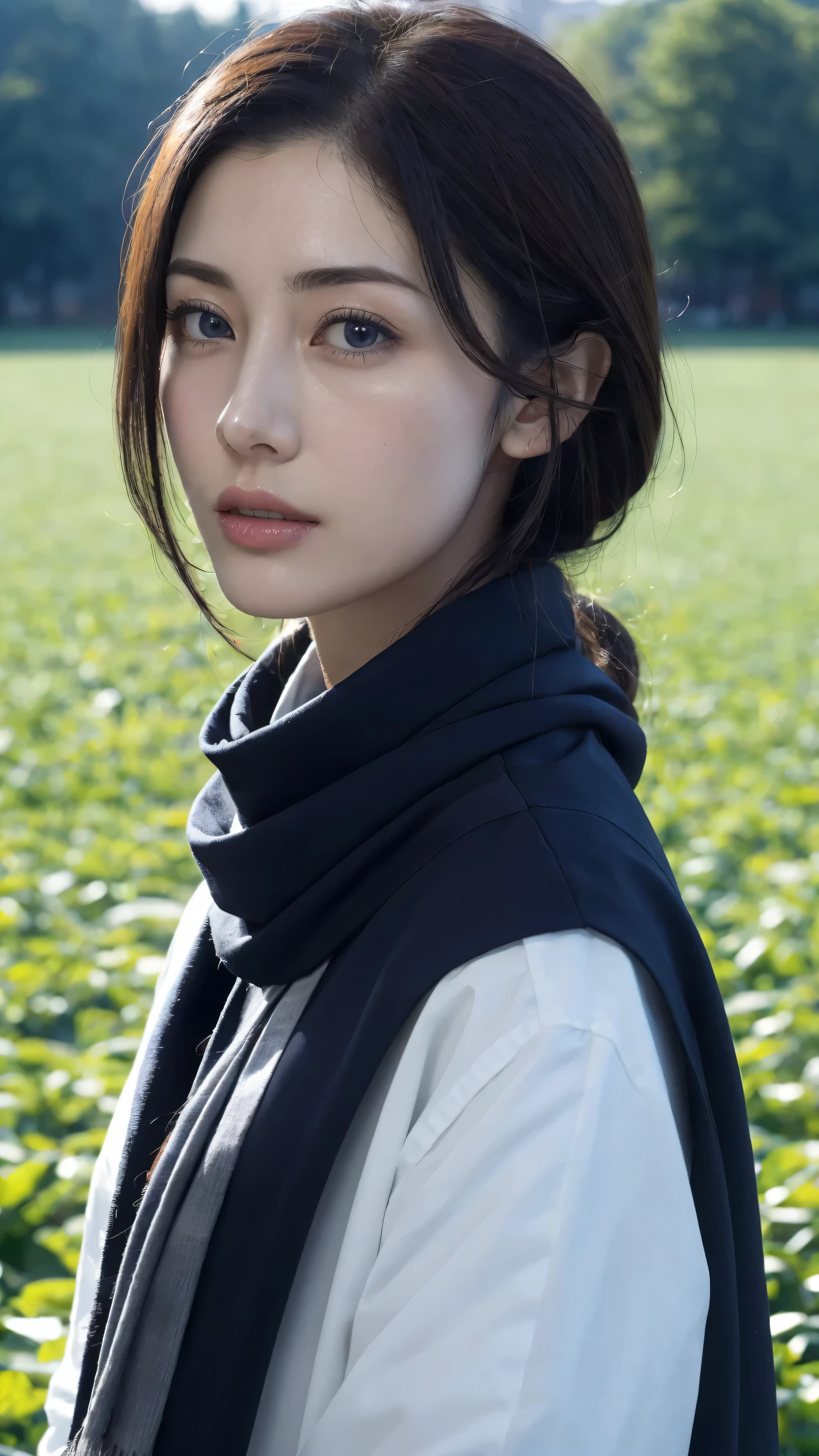 8k, best quality, masterpiece, actual, super detailed, photo actual, Quality improvement, Photo of a girl wearing a scarf standing in a field, ((脸部close up)),Dark brooding designer style, many qualities, Photo display, calm face, jagged edges, navy, natural beauty, close up