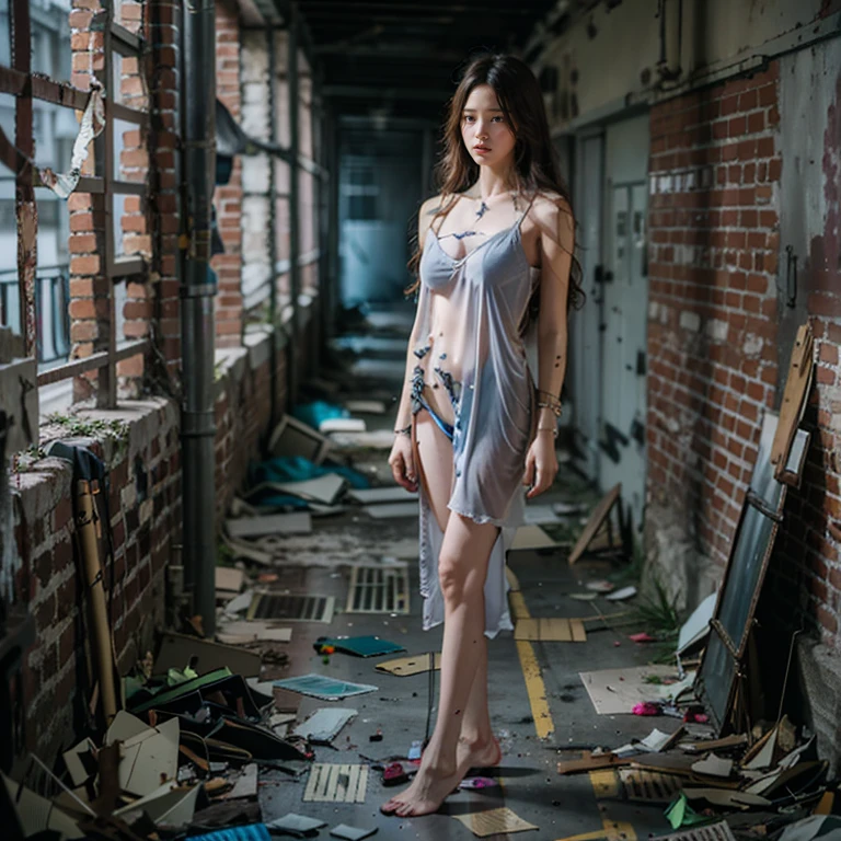 tmasterpiece，abandoned building，Garbage all over the ground，grimy，full-body portraits，Sexy standing pose，Slim legs，very beautiful long slim legs，The barefoot，Naked all over the body，full body exposed，exhibitionists，The body is exposed randomly