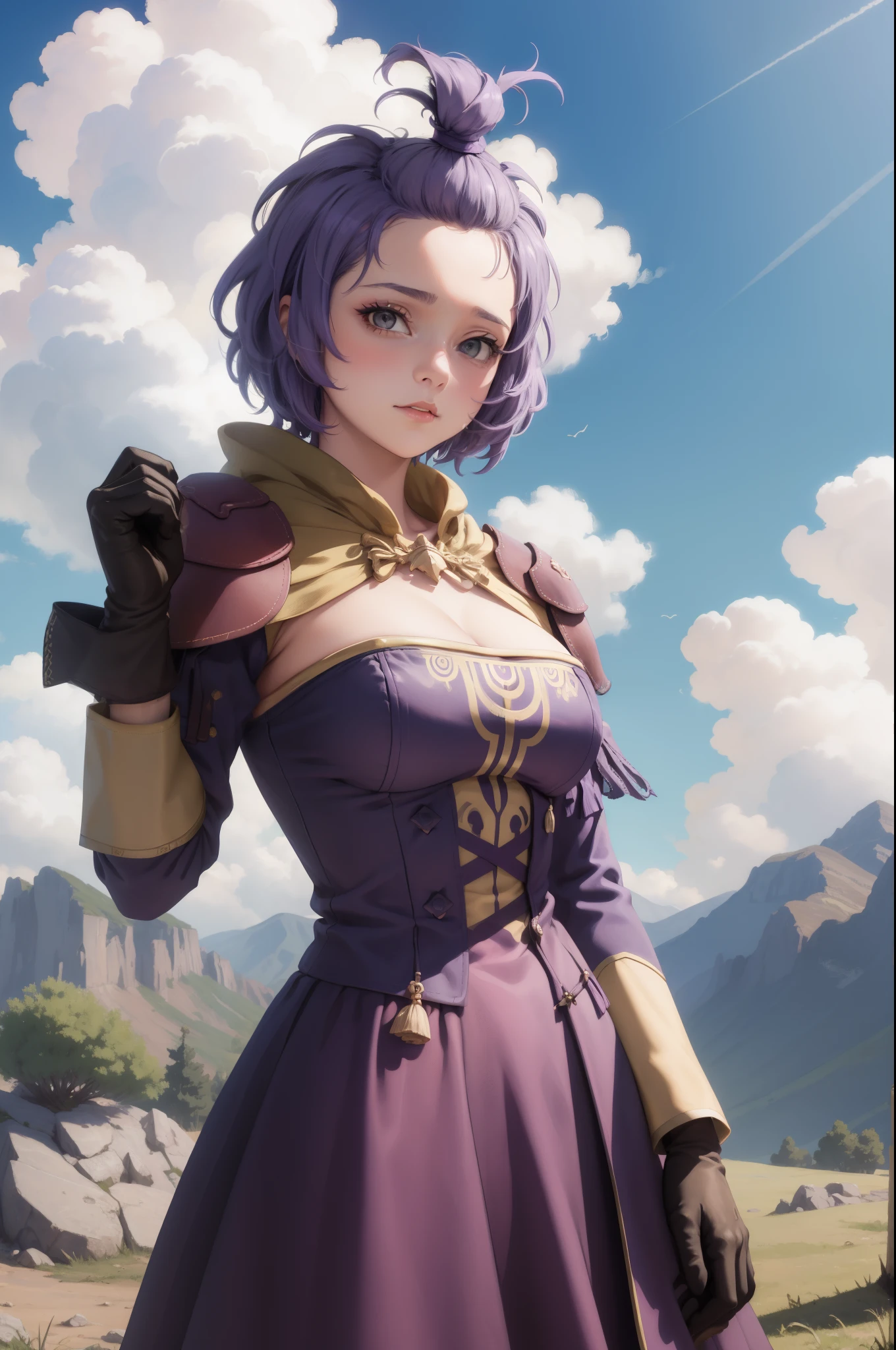 masterpiece, best quality, hopesBernie, topknot, purple dress, cleavage, gloves, looking at viewer, upper body, cowboy shot, sky, clouds, mountain, hills