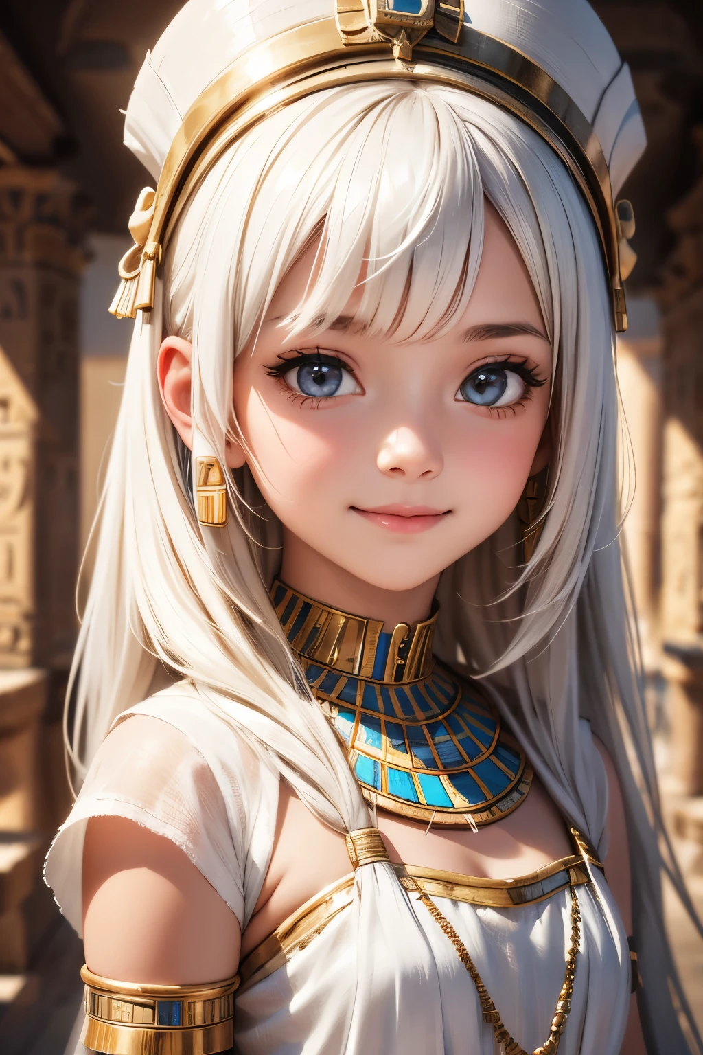 Cute teen girl in ancient Egyptian white mini dress, portrait, smile, depth of field, UHD, retina, masterpiece, ccurate, textured skin, anatomically correct, super detail, high details, high quality, award winning, best quality, highres, 1080P, 16k, 8k, 4K, HD