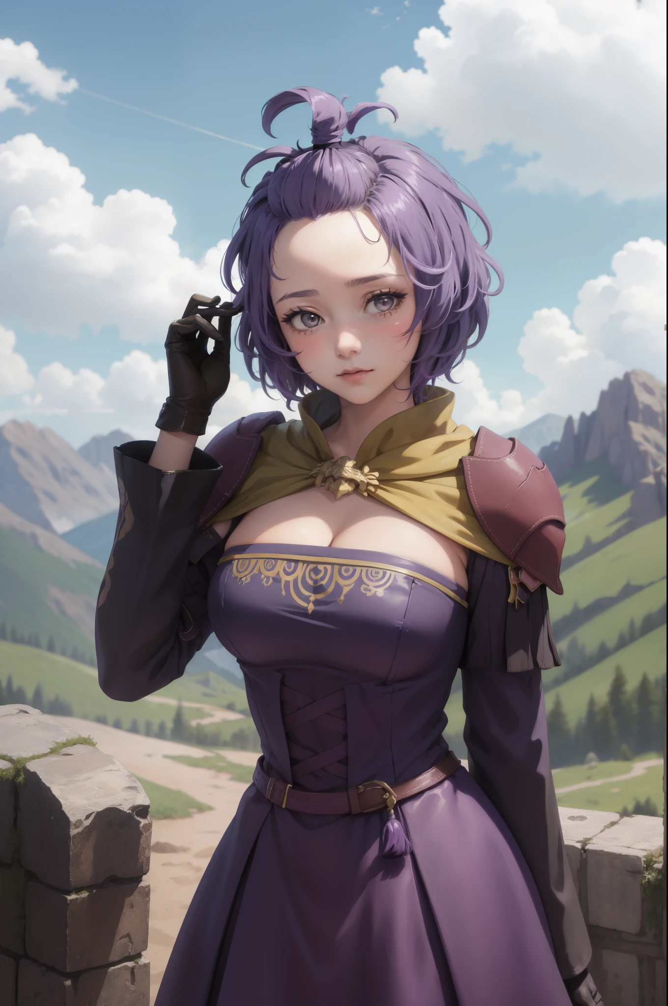 masterpiece, best quality, hopesBernie, topknot, purple dress, cleavage, gloves, looking at viewer, upper body, cowboy shot, sky, clouds, mountain, hills
