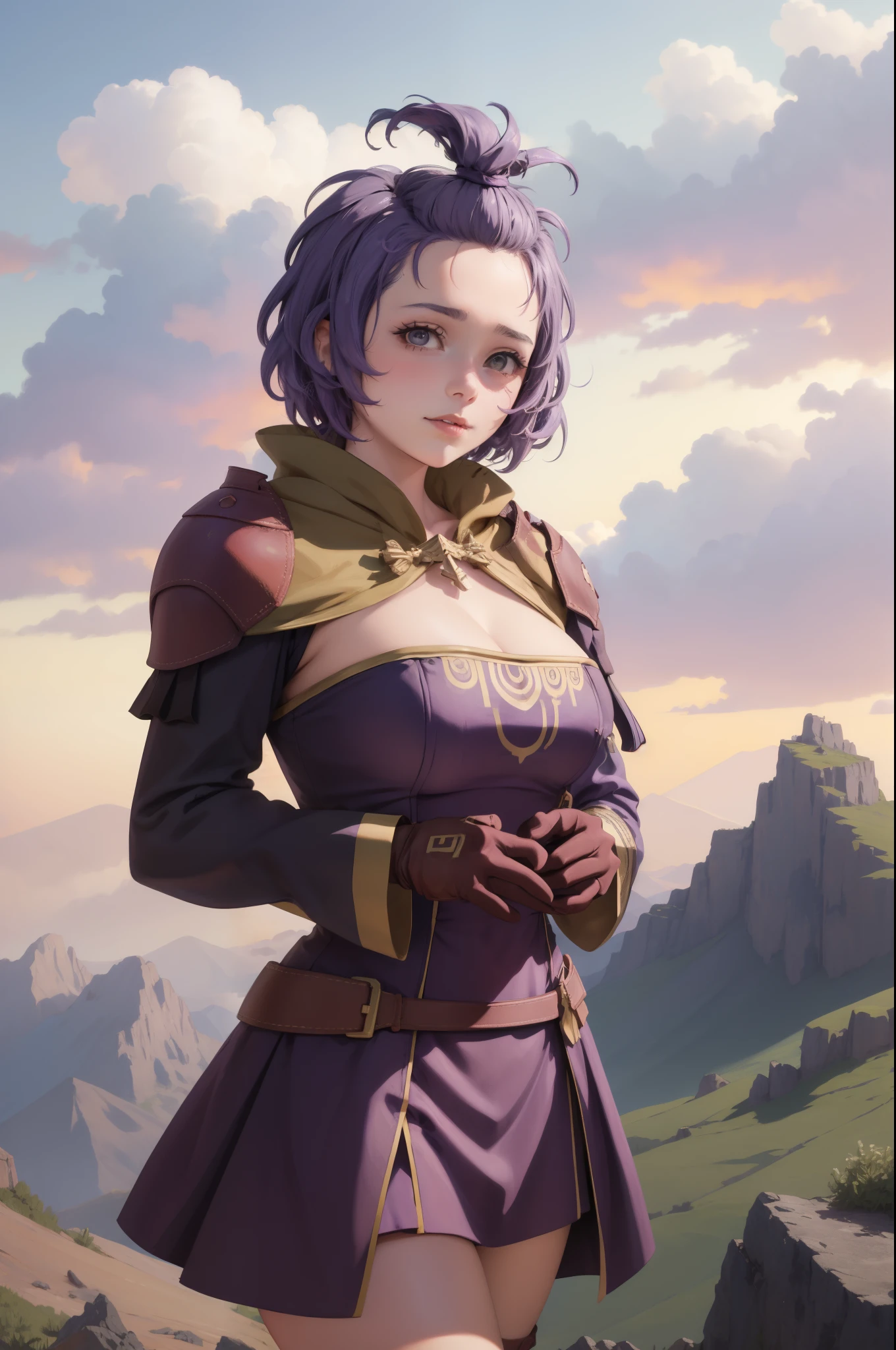 masterpiece, best quality, hopesBernie, topknot, purple dress, cleavage, gloves, looking at viewer, upper body, cowboy shot, sky, clouds, mountain, hills