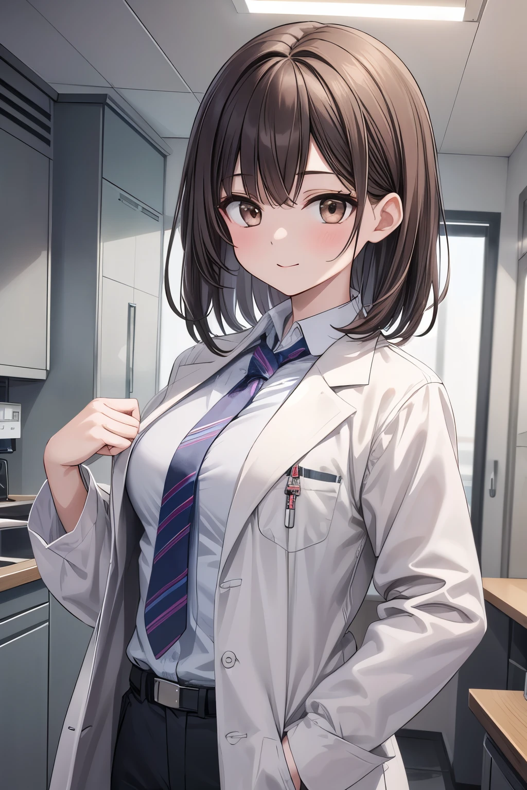 solo girl, 20 years old,medium hair, dark brown hair, brown eyes, medium breast, happy,lab coat, necktie, trousers, indoors, hospital, Best Quality, High resolution, Extremely detailed, Detailed background, Perfect Lighting