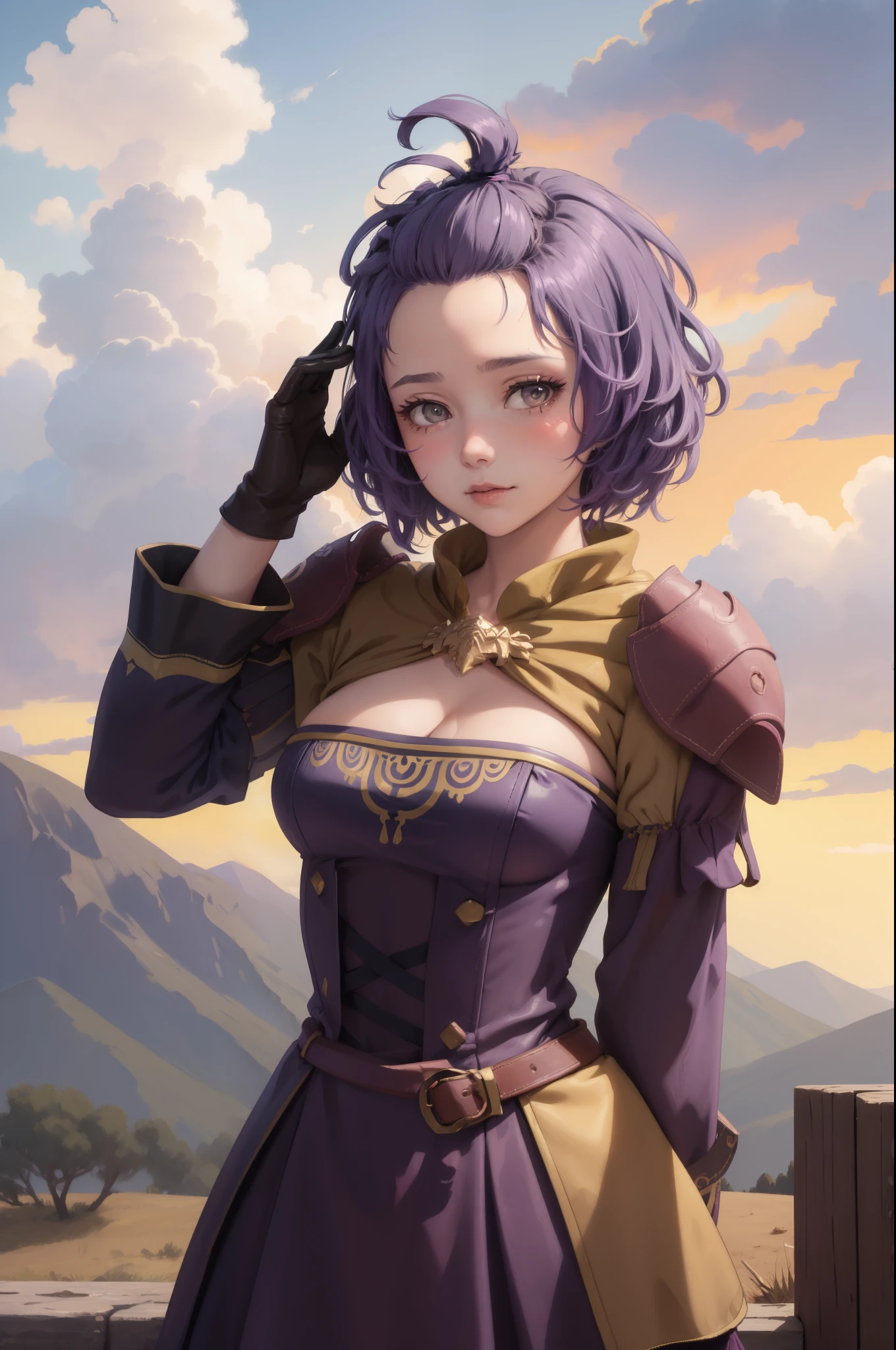 masterpiece, best quality, hopesBernie, topknot, purple dress, cleavage, gloves, looking at viewer, upper body, cowboy shot, sky, clouds, mountain, hills 