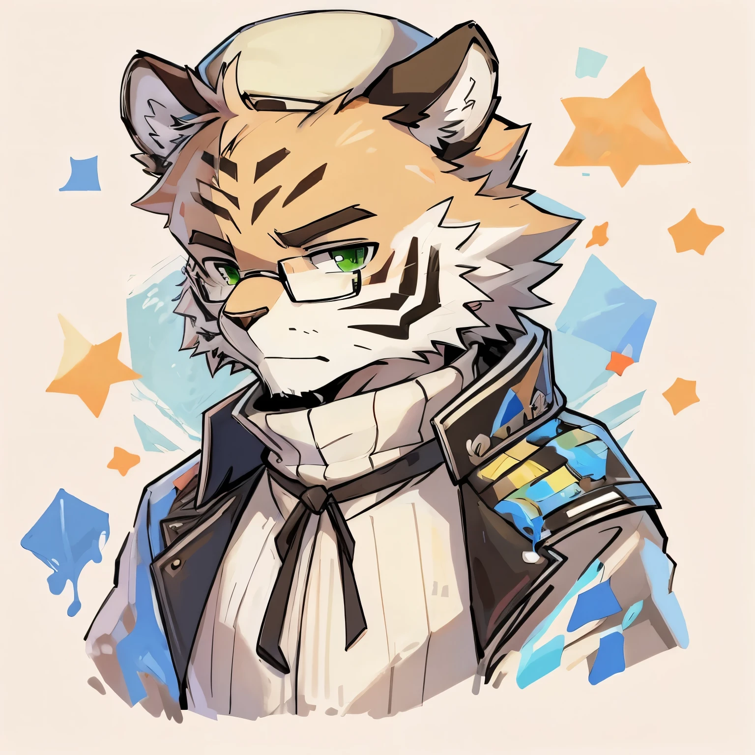 A tiger, wearing a white sweater with a blue impressionist oil painting pattern on his clothes, wearing a black cloak jacket, black-rimmed glasses, green eyes, and a brown octagonal newsboy hat. He is a detective by profession.