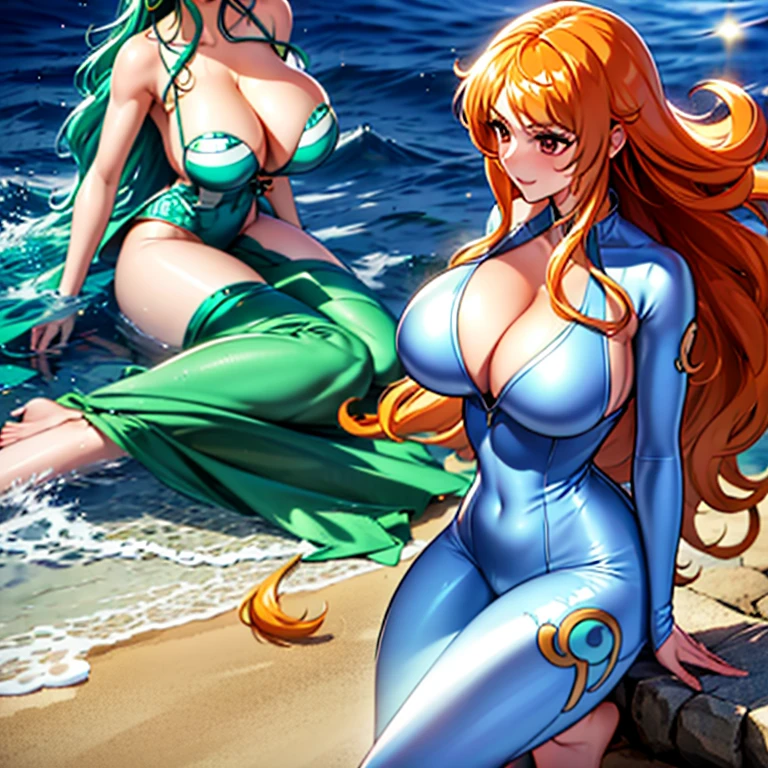 Nami, with voluptuous curves and ample cleavage, donned the iconic Kakashi Hatake suit. The suit, a perfect replica, hugged her hourglass figure, showing off her generous assets. Her eyes, full of determination and mischief, sparkled beneath her long, wavy hair that cascaded down her shoulders. The suit's green fabric shimmered in the sunlight, contrasting against her fair complexion and dark, playful expression. The dynamic lighting illuminated her every curve, highlighting the intricate details of the suit and her every feature. Her high heels added an air of sophistication to her otherwise rebellious and seductive appearance. This scene