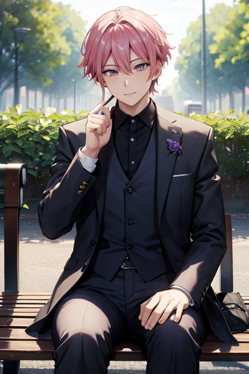 A pink haired handsome male reaper with violet eyes is smiling warmly on a park bench
