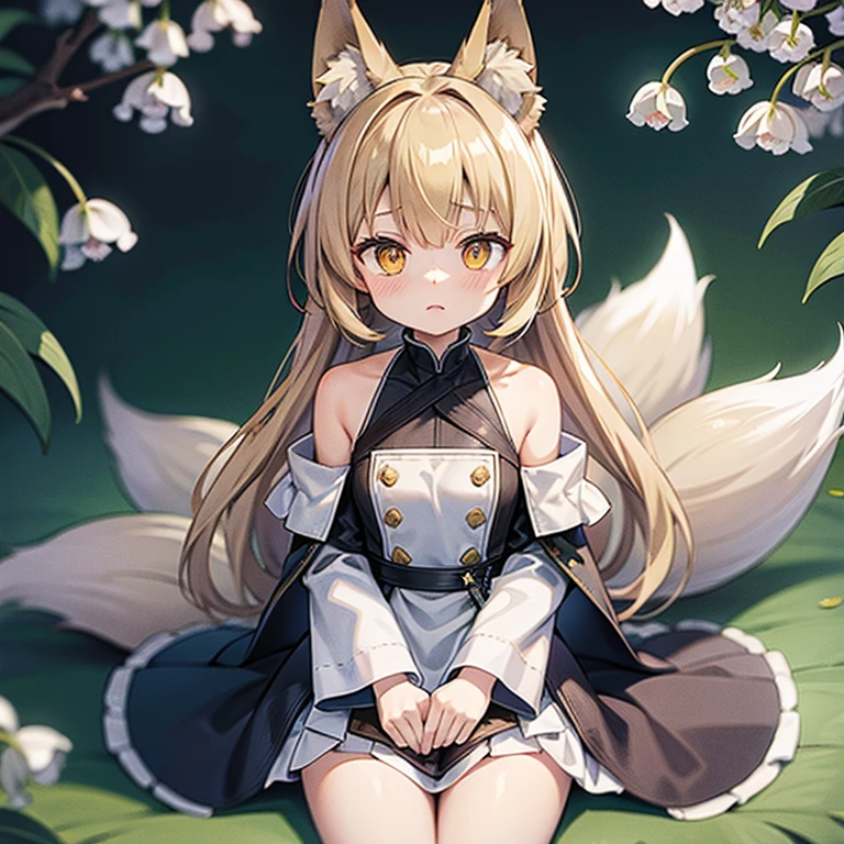 masterpiece, highest quality,arknights,lily of the valley,lily of the valley（arknights）,small,furry ears,Big fox ears,Nine Tails,pale blonde hair,Light blue headband,Mitsuami,yellow eyes,calm face,off shoulder combat uniform