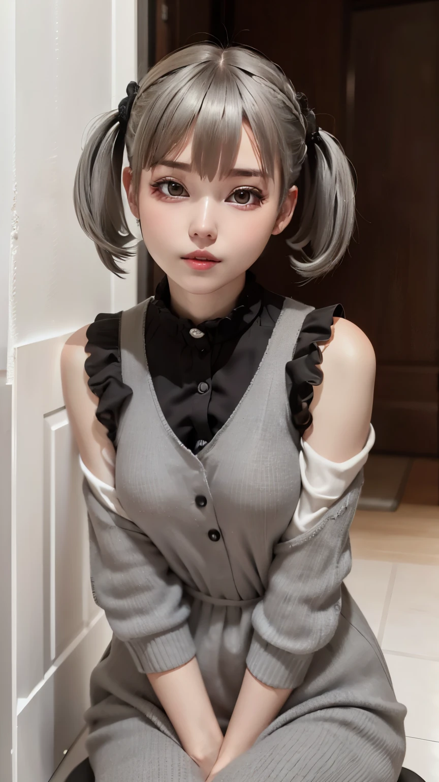 ((wallpaper 8k)), ((surreal)), ((Quality with attention to detail:1.2)), 1 girl, １４talent、kind eyes、plump lips、Ash gray hair、An ennui look、(((small breasts、small breasts)))、black classy dress,Black capelet, look up, Widespread poverty, (((short cut hair、short hair twintails、Ash gray hair:1.5)))、white skin