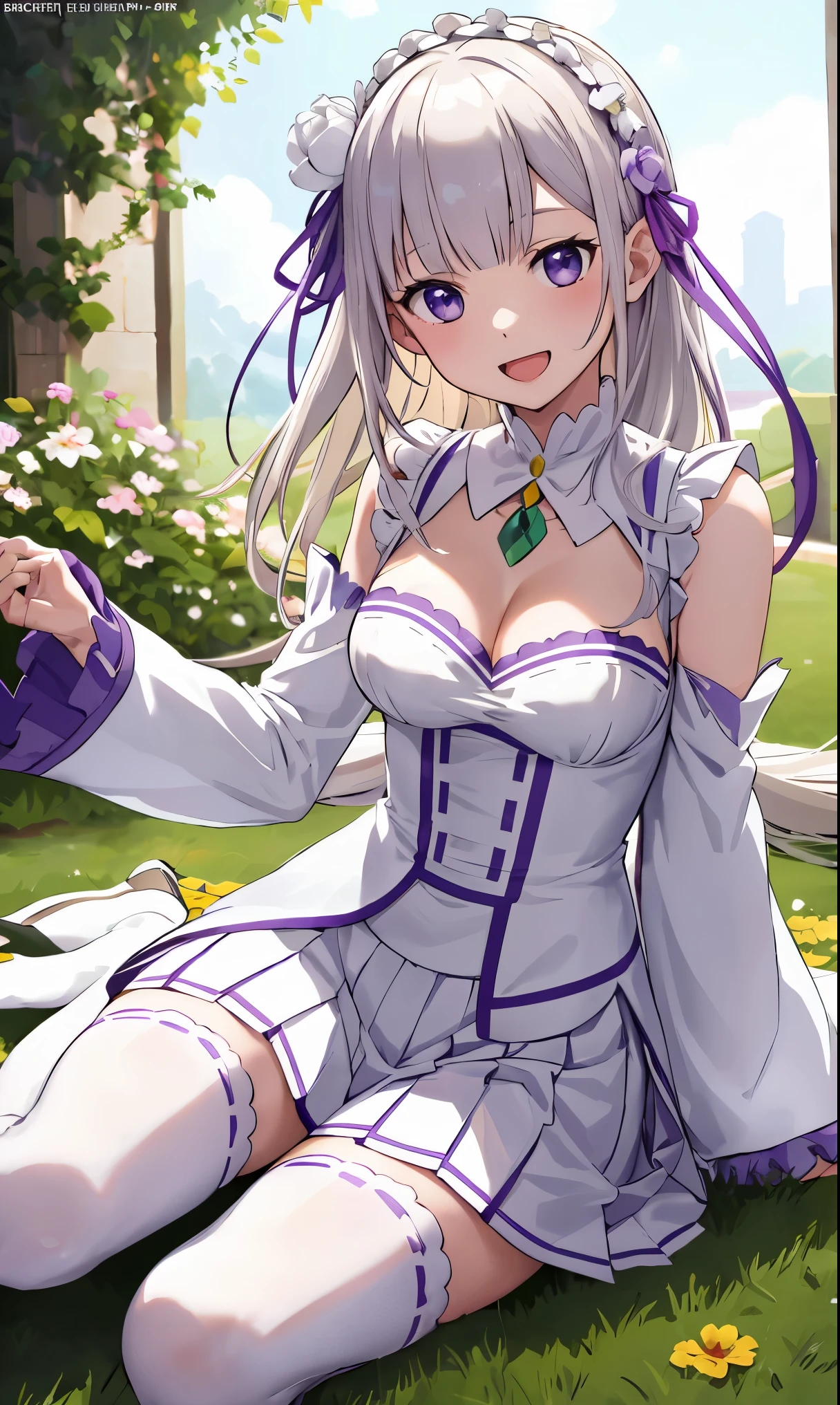 masterpiece:1.2, best quality, ((ultra detailed)), high resolution, 2d, anime style , photo, photography, detailed background ,1girl, solo,smile,open mouth,emilia,white dress,cleavage, pleated skirt, wide sleeves, white thighhighs, hair flower, purple ribbon, white skirt, (low-tied long hair), flower garden,sitting on ground 