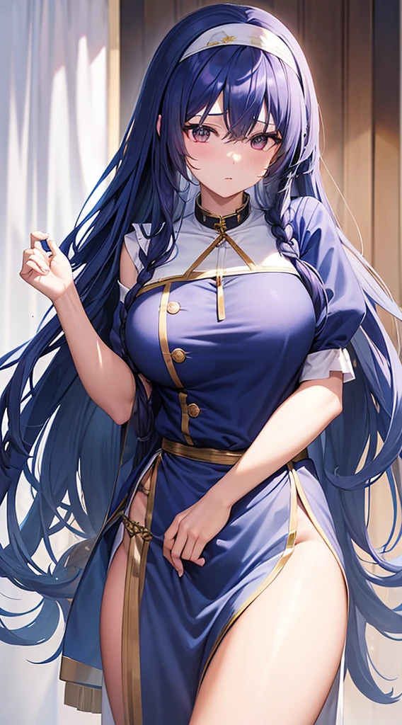 blue hair、long hair down to the waist、Reluctance(braid in the middle)、Purple headband、bangs(Seventh from right:left three-part)、golden eyes、beautiful woman with big breasts、black school uniform、(collar to shoulder line)white color、